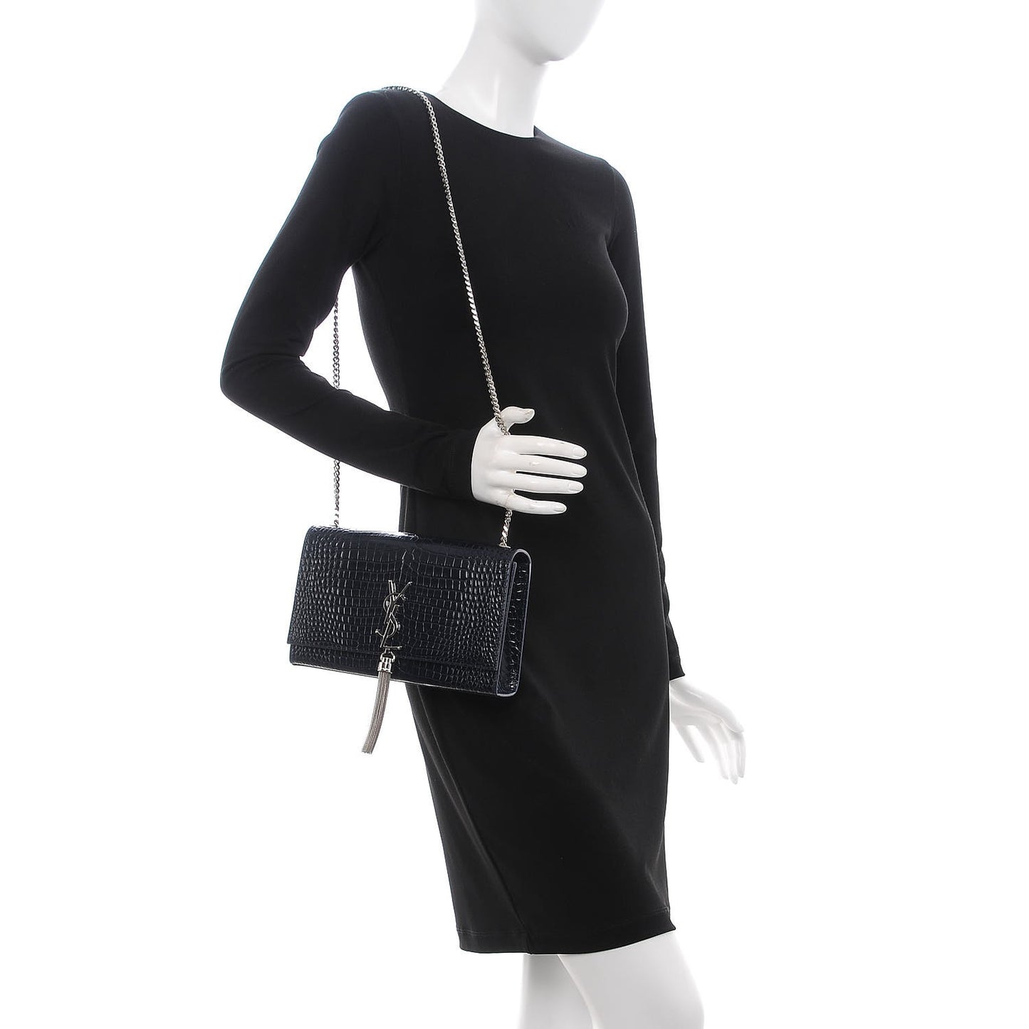 Calfskin Crocodile Embossed Medium Classic Monogram Kate Tassel Satchel Blue Sapphire