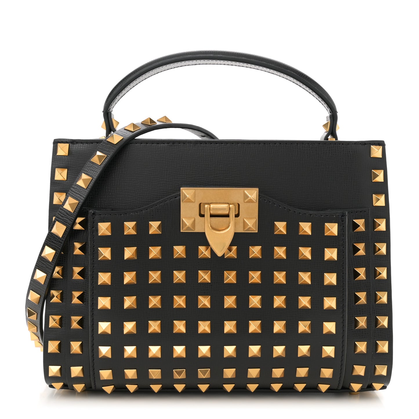 Grainy Calfskin Small Rockstud Allover Alcove Top Handle Tote Bag Black