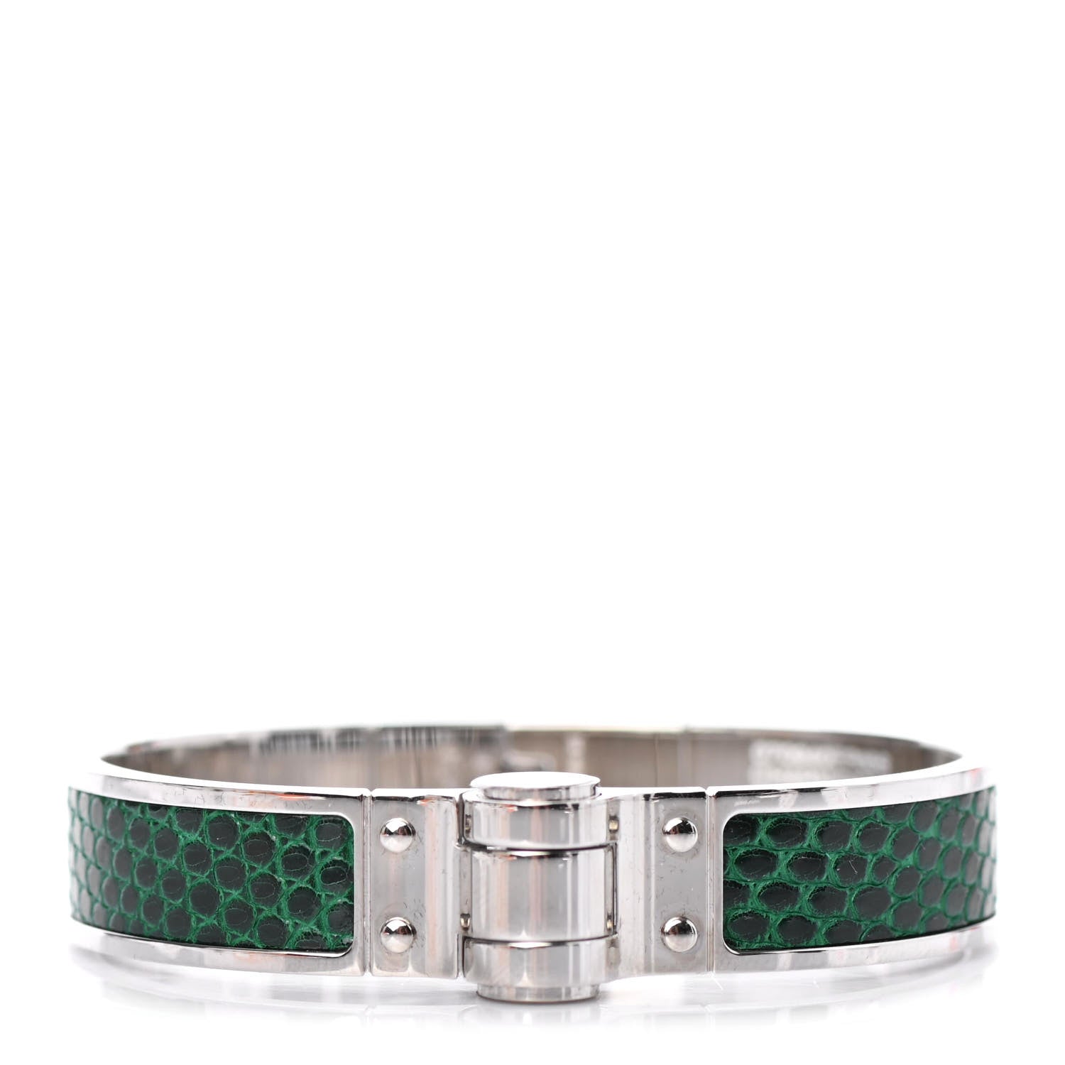 Hermes Lizard Charniere Cuir Narrow Hinged Bracelet S Vert Moyen 1 of 4