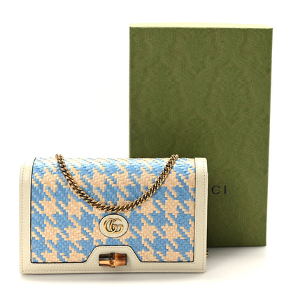 Gucci Polished Raffia Textured Dollar Calfskin Houndstooth Mini Diana Chain Bag Natural Light Blue Mystic White 10 of 10