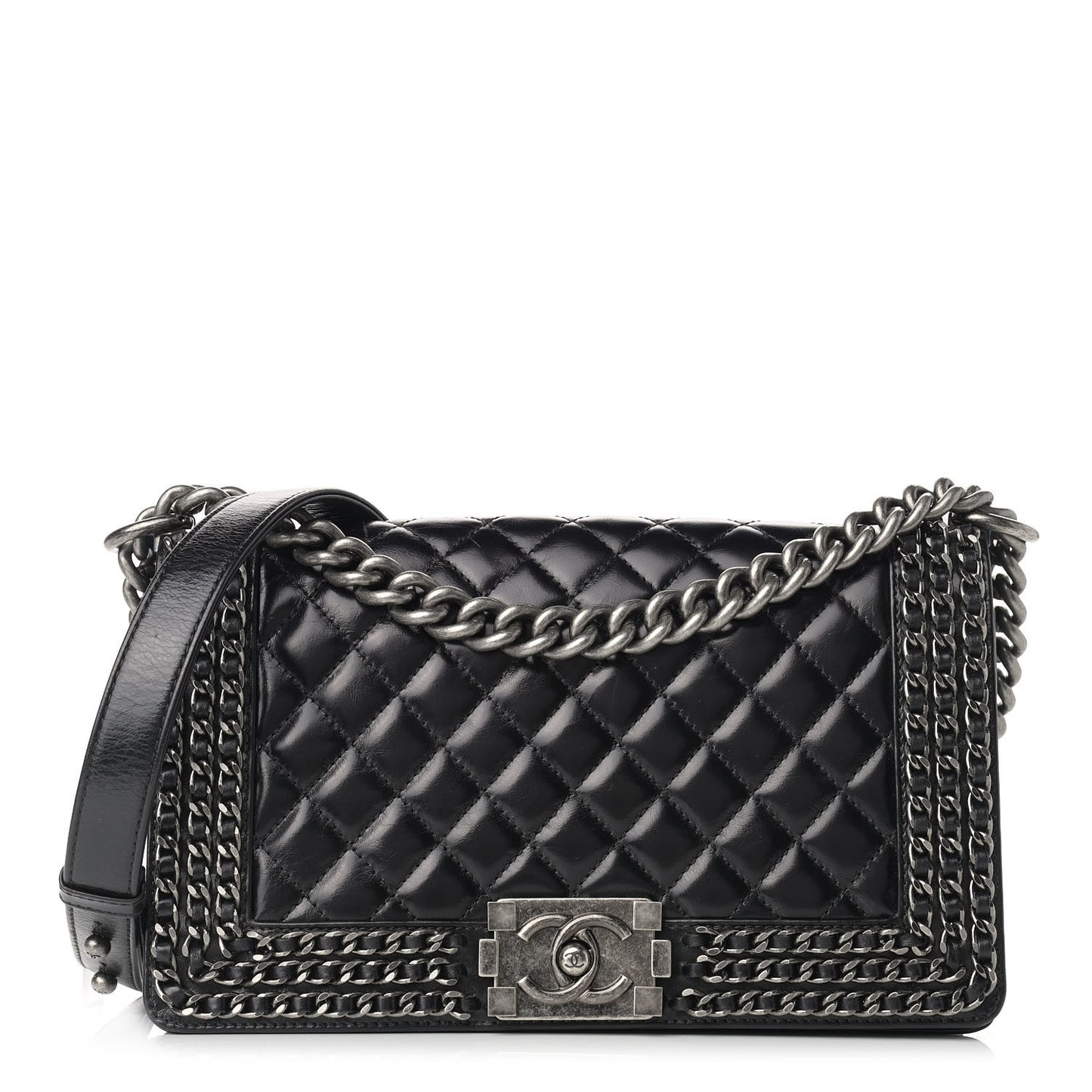 Glazed Calfskin Quilted Medium Boy Chained Flap Black