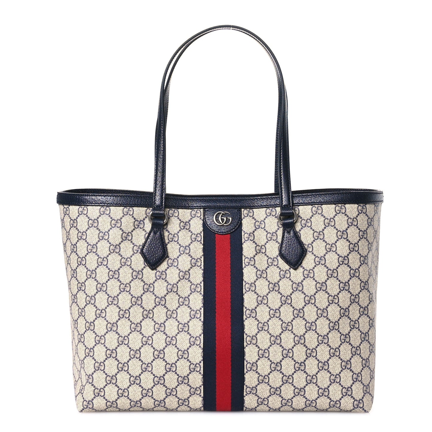 GG Supreme Monogram Textured Calfskin Web Medium Ophidia Shopping Tote Beige Blue