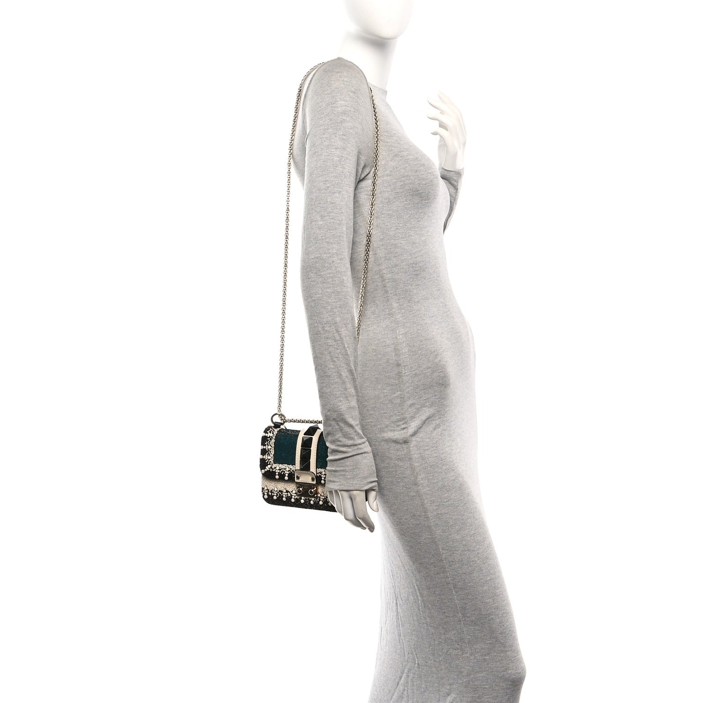Vitello Beaded Mini Glam Lock Rockstud Flap Black Ivory Green
