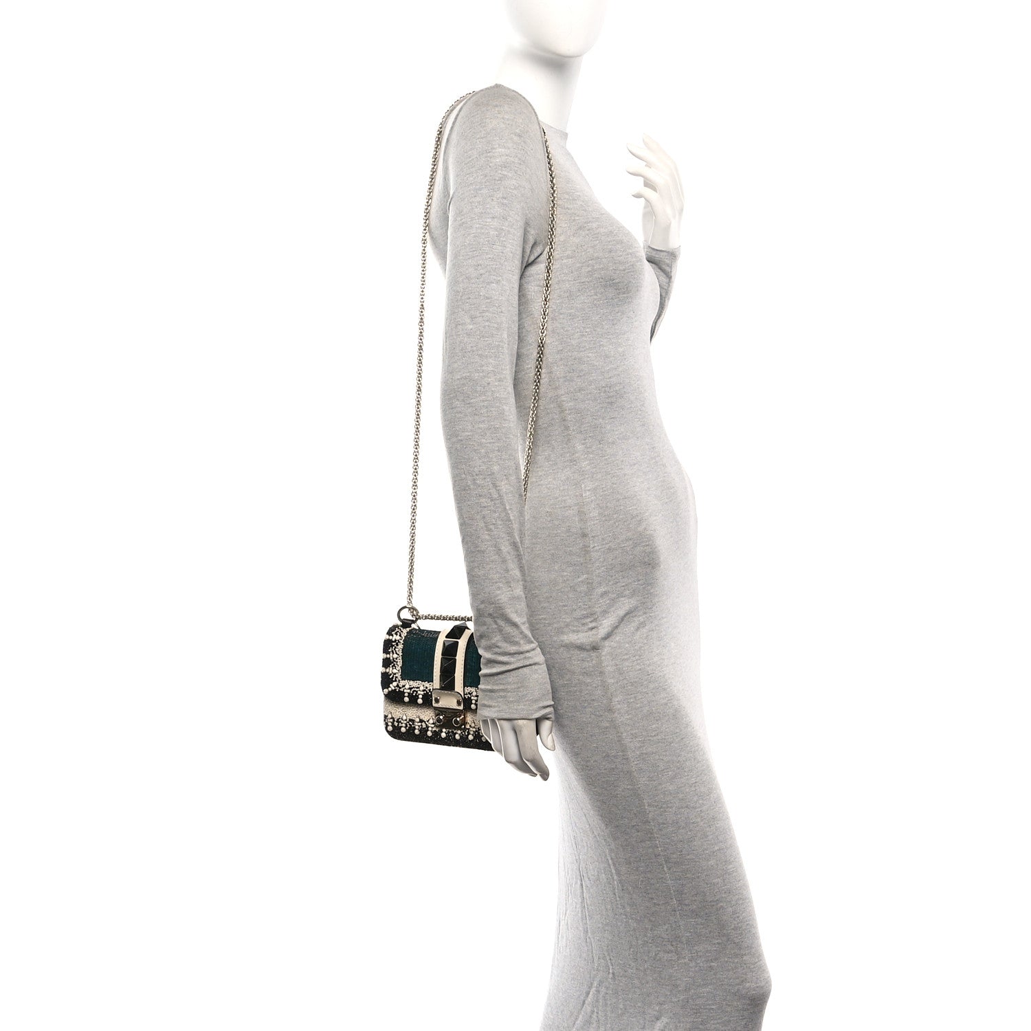 Valentino Garavani Vitello Beaded Mini Glam Lock Rockstud Flap Black Ivory Green 2 of 10