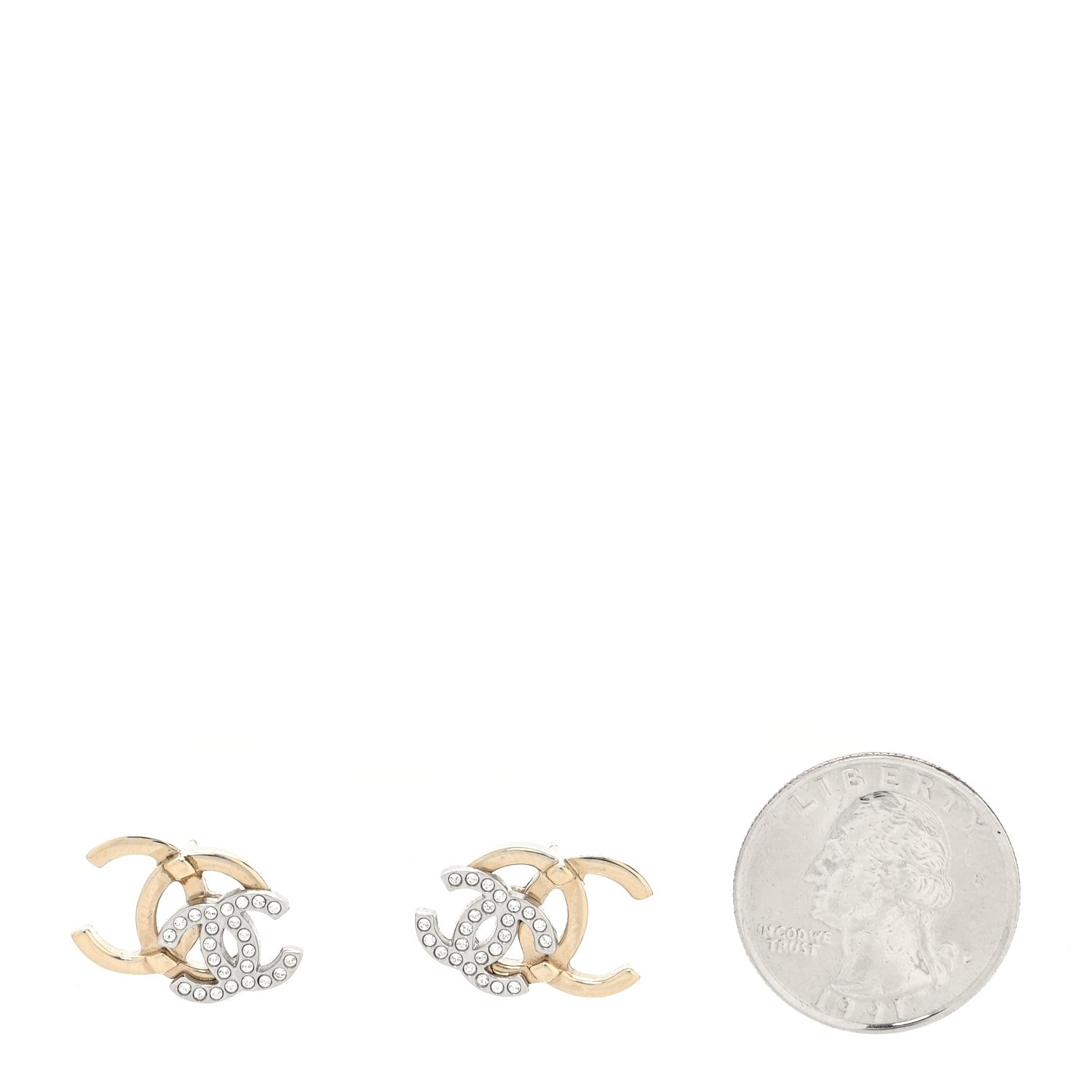 Chanel Crystal Double CC Earrings Gold Silver 2 of 4