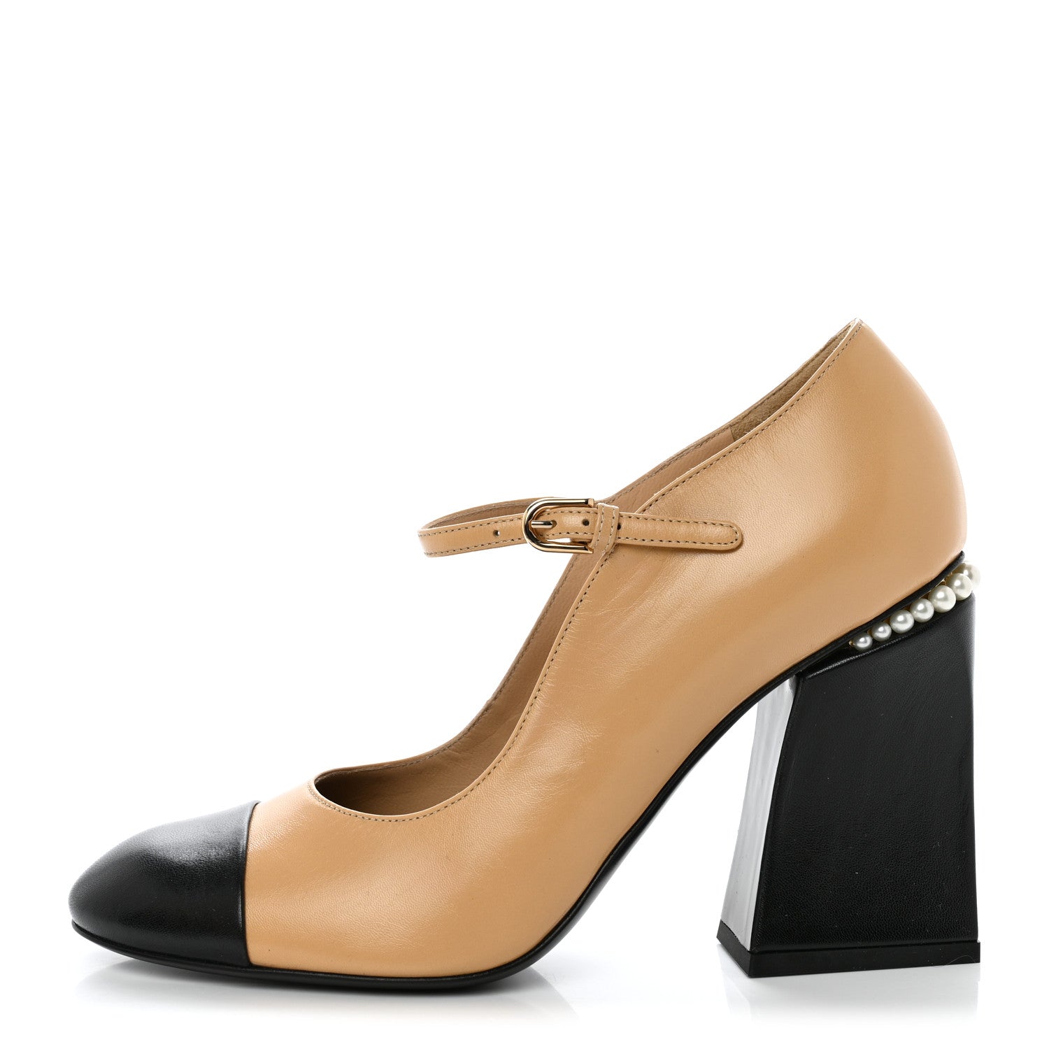 Chanel Shiny Goatskin Pearls Cap Toe Open Slingback Pumps 40 Beige Black 1 of 9