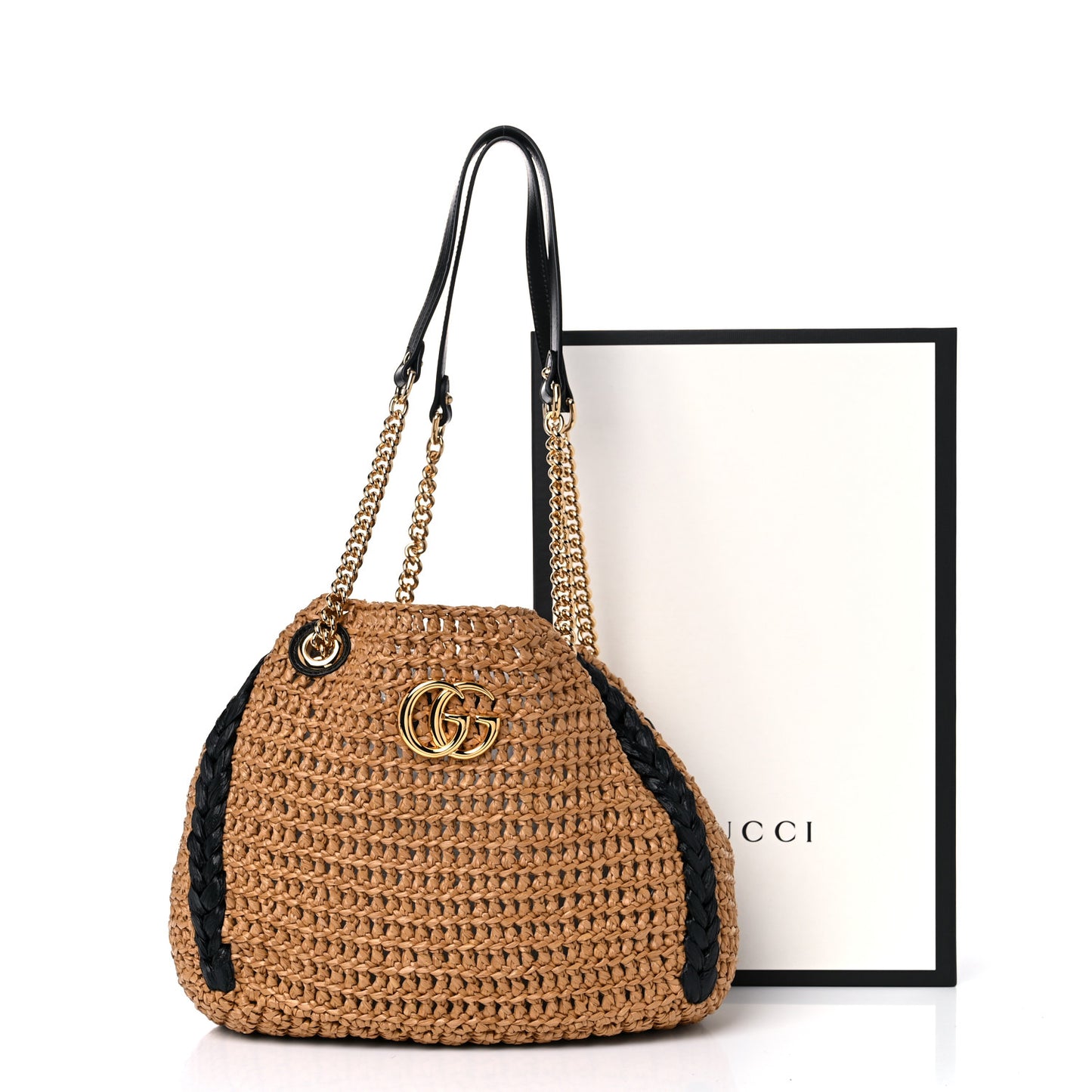 Raffia Effect Medium GG Marmont Shoulder Tote Bag Natural Black