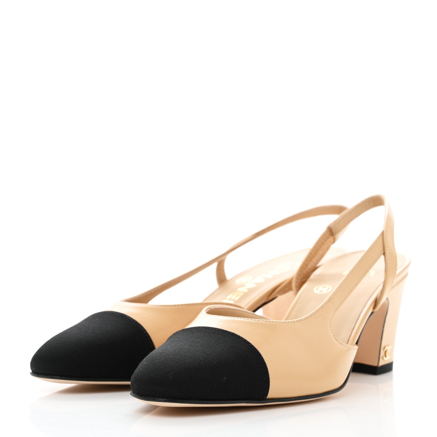 Chanel Goatskin Grosgrain Cap Toe CC Slingback Pumps 36.5 Beige Black 3 of 9