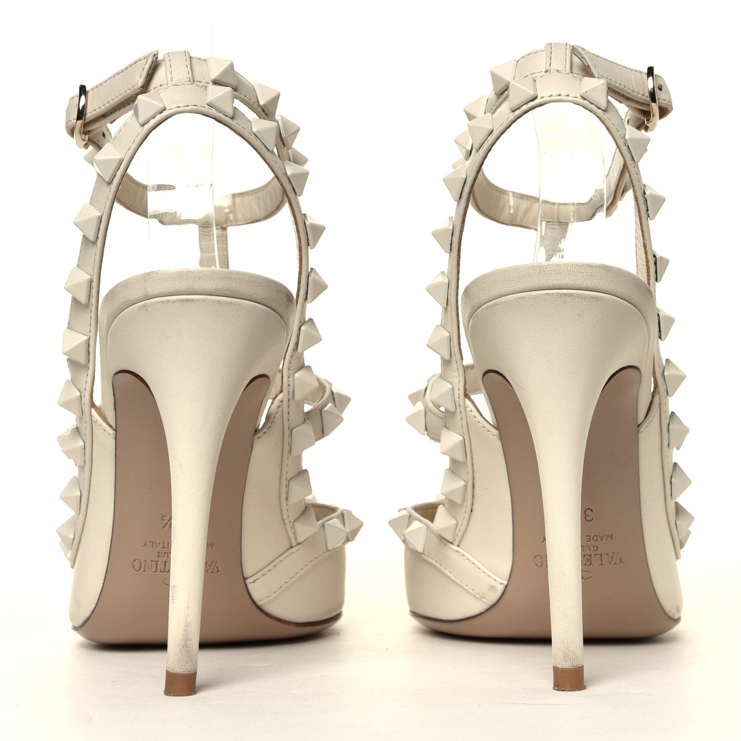 Calfskin Lacquered Monochrome Rockstud Ankle Strap 100mm Pumps 36.5 Ivory