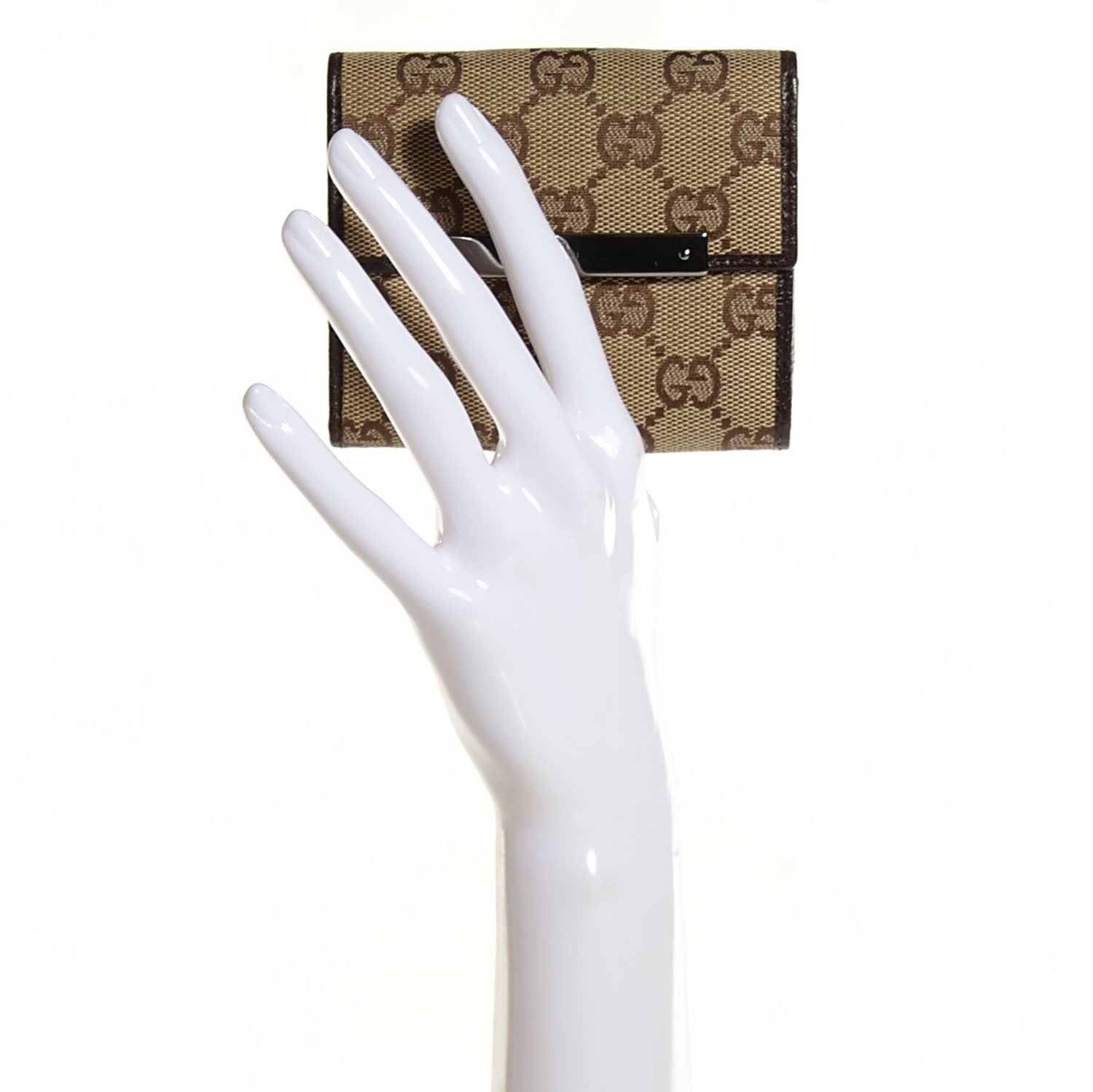 Gucci Monogram Textured Calfskin Metal Bar French Flap Wallet Beige Ebony Cocoa 2 of 8
