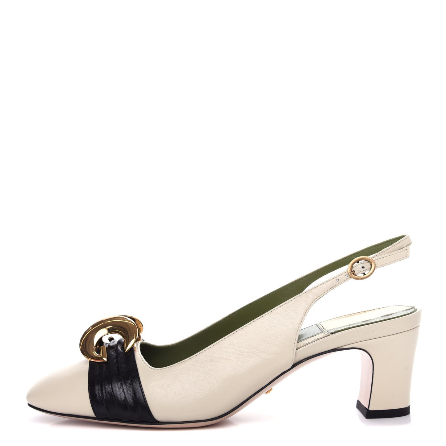 Malaga Kid Half Moon GG Square Toe Slingback Pumps 38.5 Vintage White Black