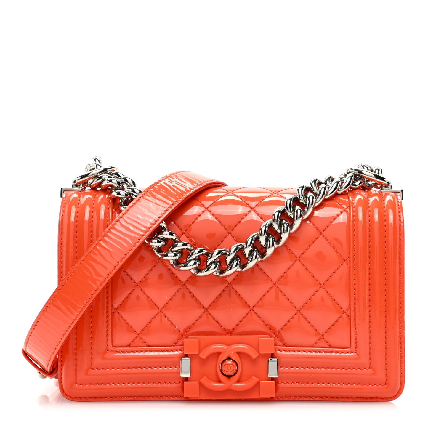 Patent Calfskin Quilted Small Plexiglass Boy Flap Orange