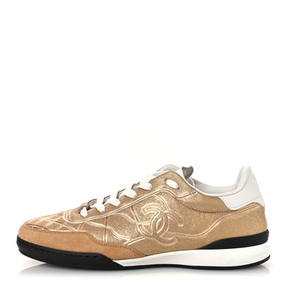 Chanel Laminated Calfskin Suede Quilted Womens CC Sneakers 39 Gold 1 of 11
