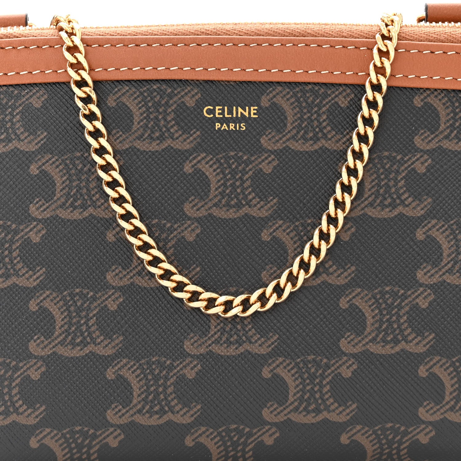 Celine Triomphe Canvas Lambskin Clutch On Chain Tan 8 of 10
