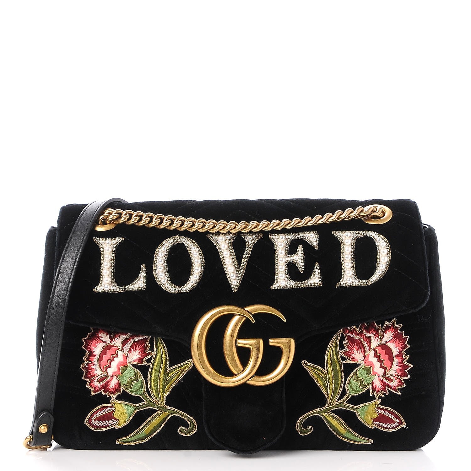 Gucci Velvet Matelasse Loved Embroidered Medium GG Marmont Shoulder Bag Black 1 of 7