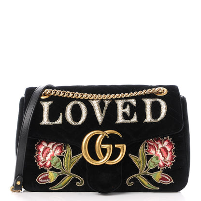 Gucci Velvet Matelasse Loved Embroidered Medium GG Marmont Shoulder Bag Black 1 of 7