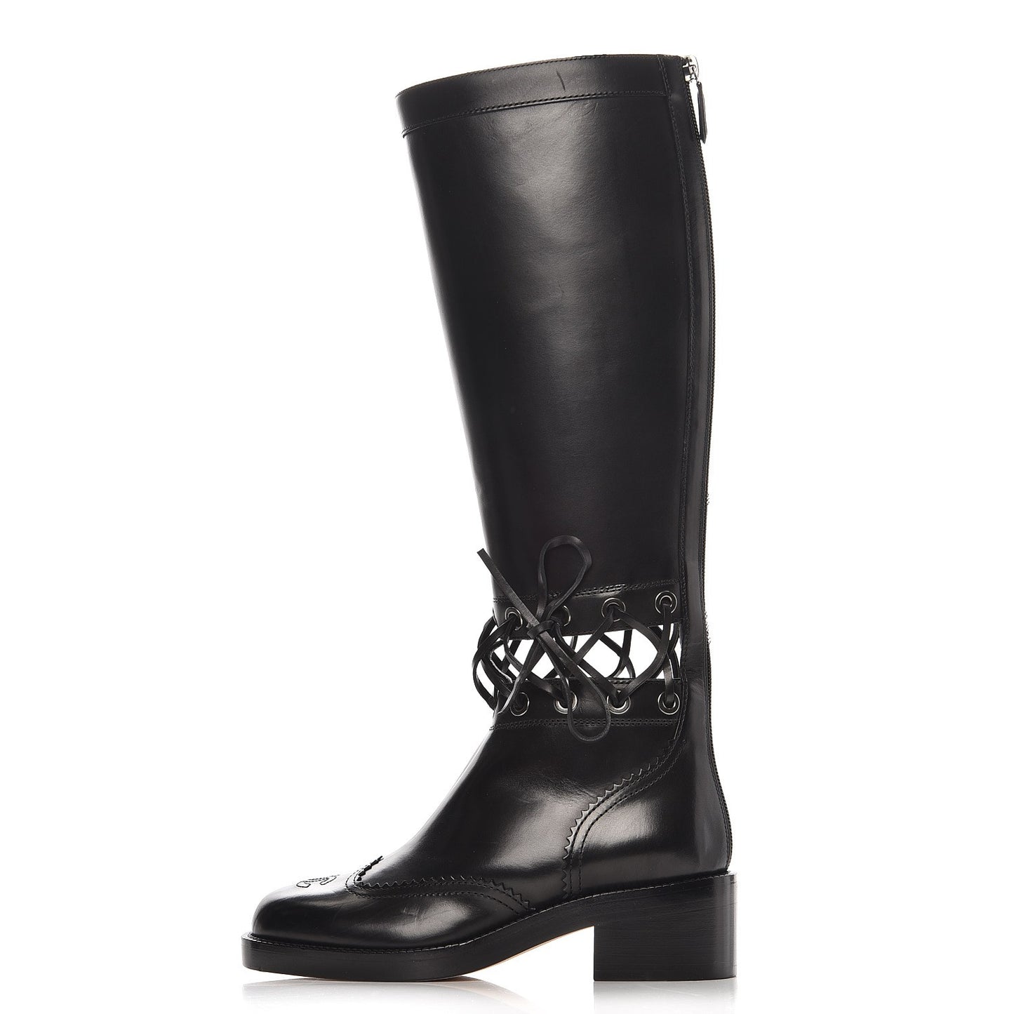 Calfskin Lace Up Knee High Boots 36 Black