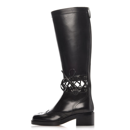 Chanel Calfskin Lace Up Knee High Boots 36 Black 1 of 9