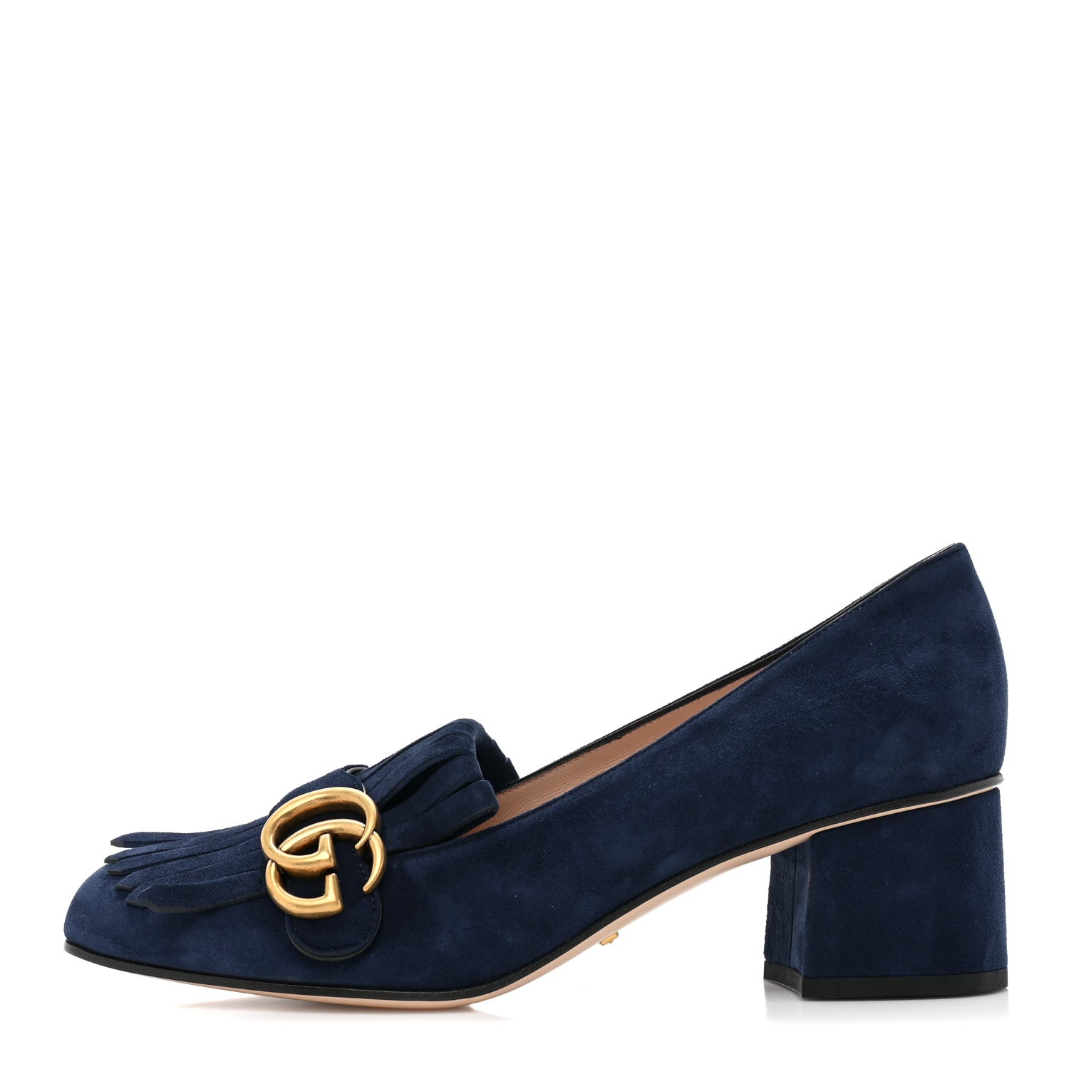 Gucci Kid Scamosciato GG Marmont Fringe 50mm Loafer Pumps 38.5 Blue Ink 1 of 9