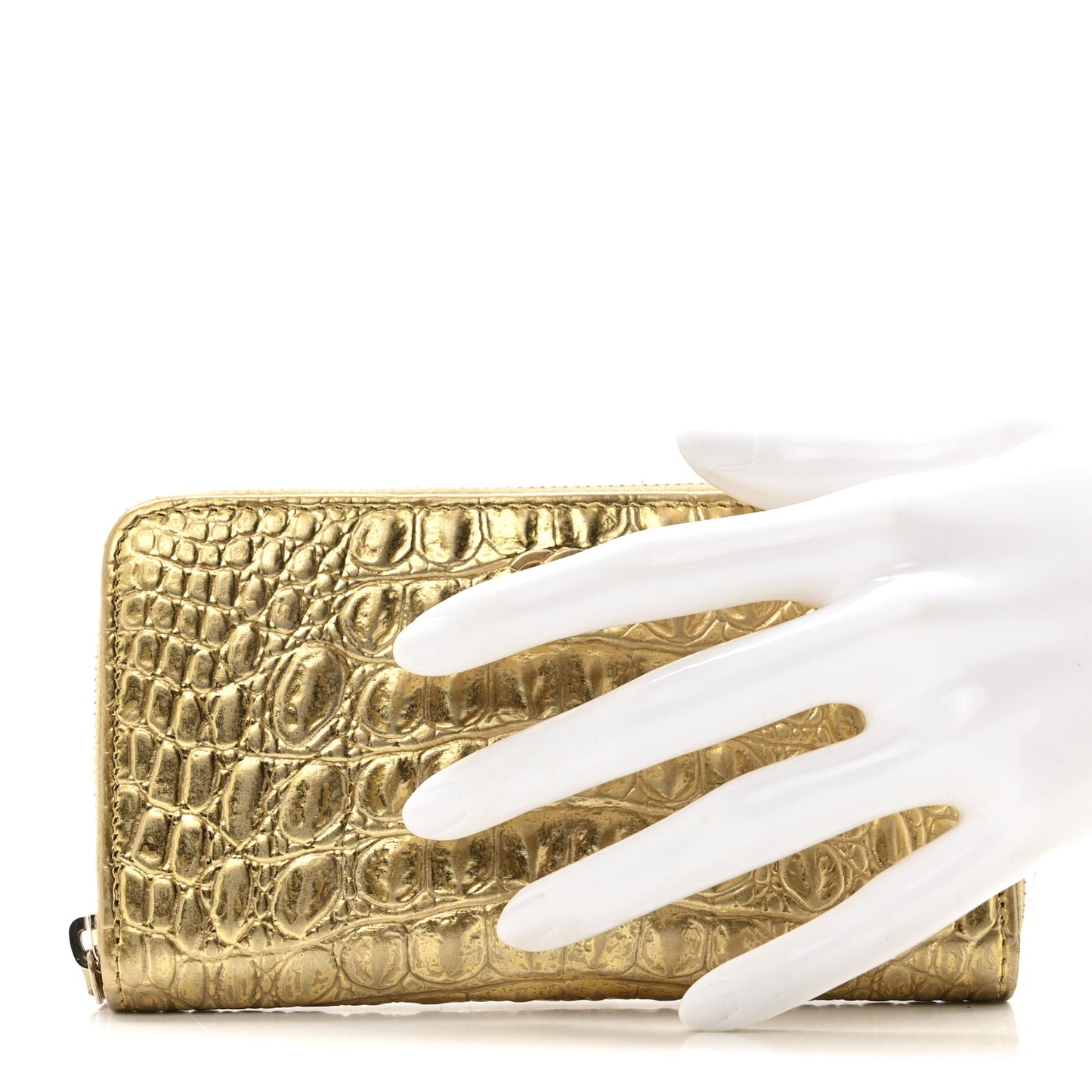 Metallic Calfskin Crocodile Embossed Small Zip Wallet Gold