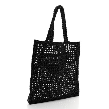 Prada Yarn Raffia Effect Crochet Logo Embroidered Tote Bag Black 3 of 8