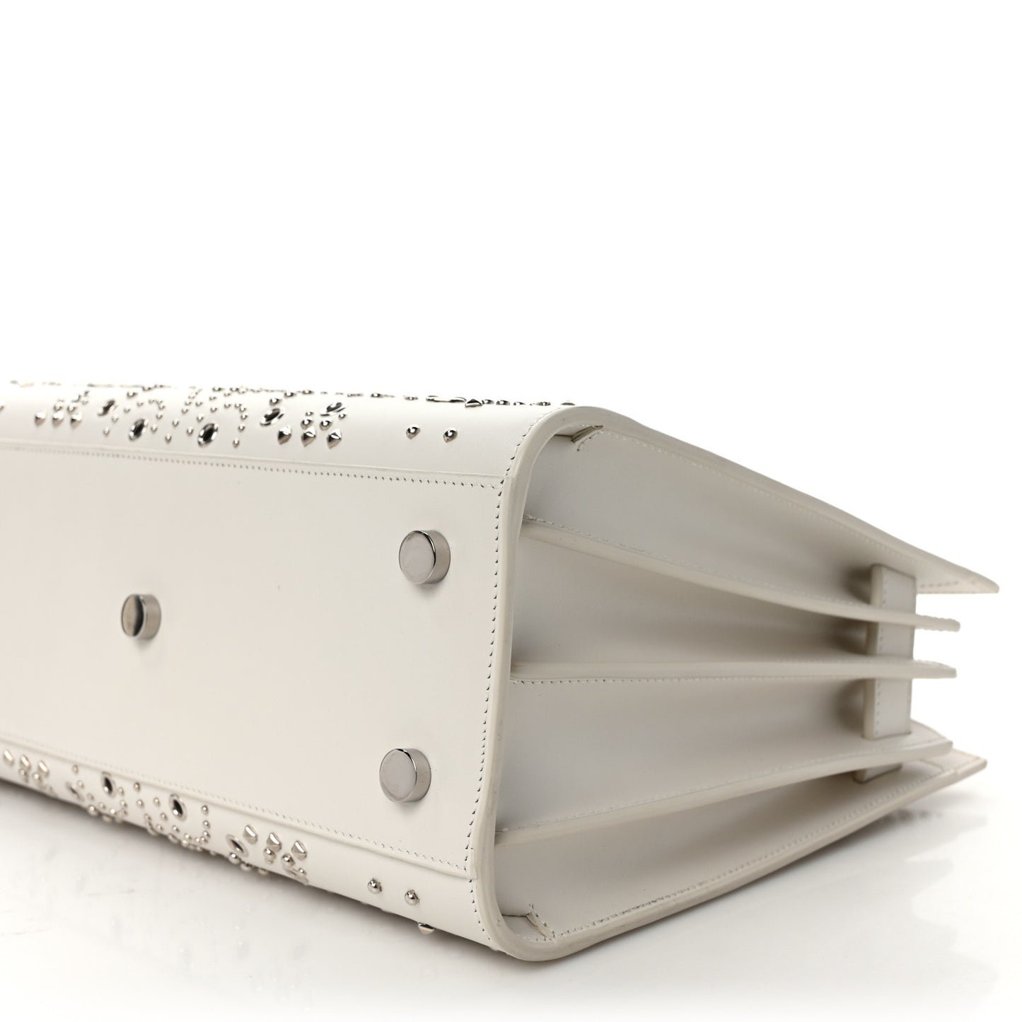 Calfskin Perforated Studded Baby Sac De Jour White