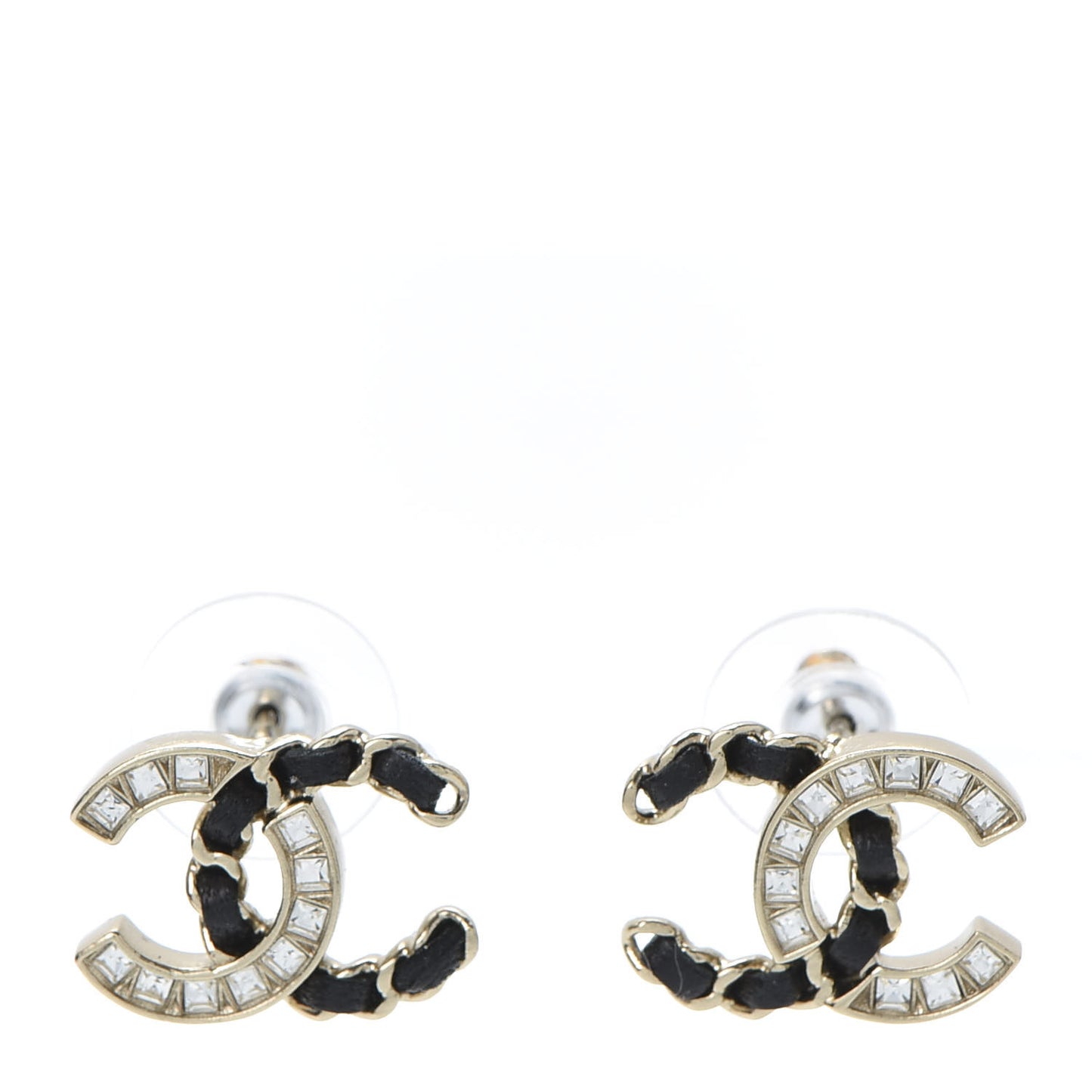 Crystal Baguette Lambskin Chain CC Vintage Allure Stud Earrings Black Gold