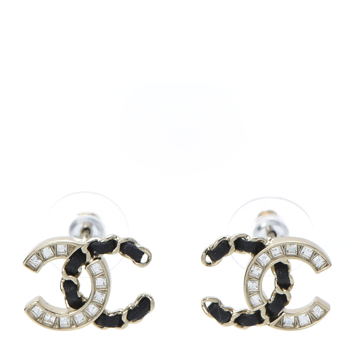Chanel Crystal Baguette Lambskin Chain CC Vintage Allure Stud Earrings Black Gold 1 of 5