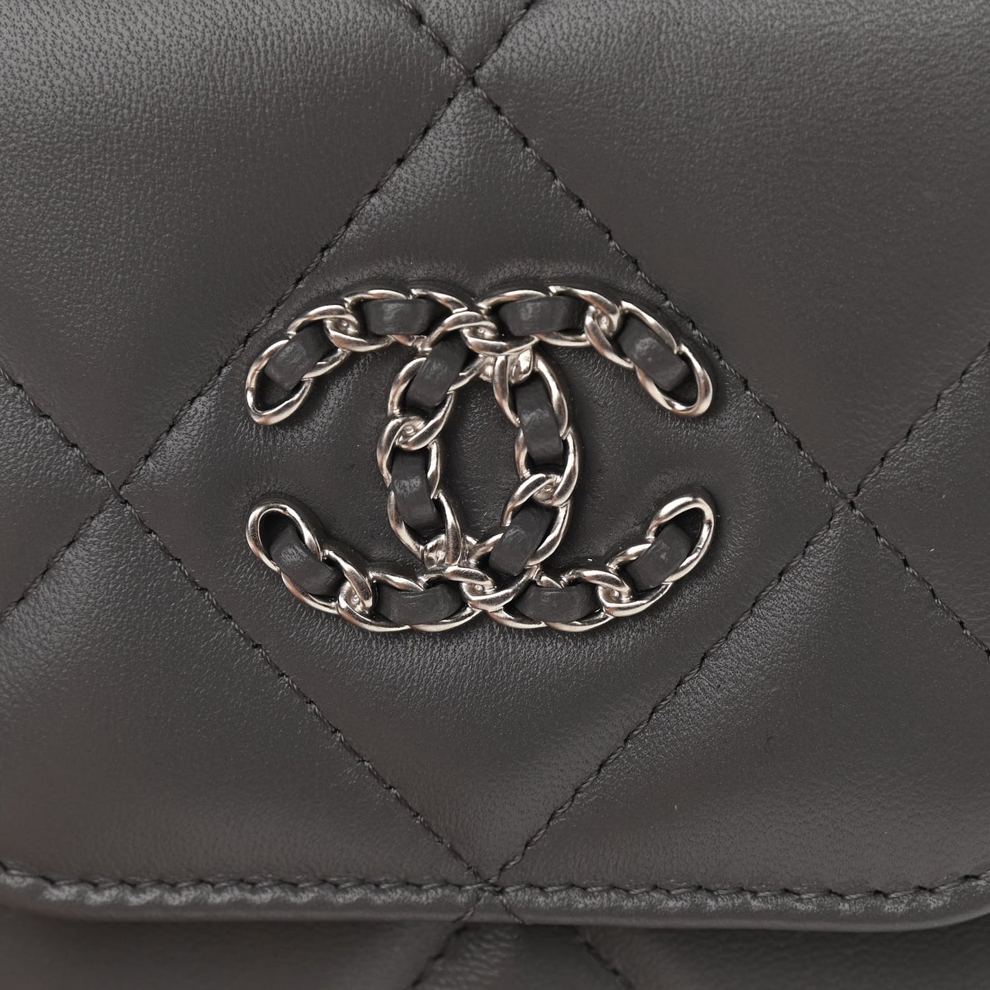 Lambskin Quilted Chanel 19 Phone Holder With Chain Grey