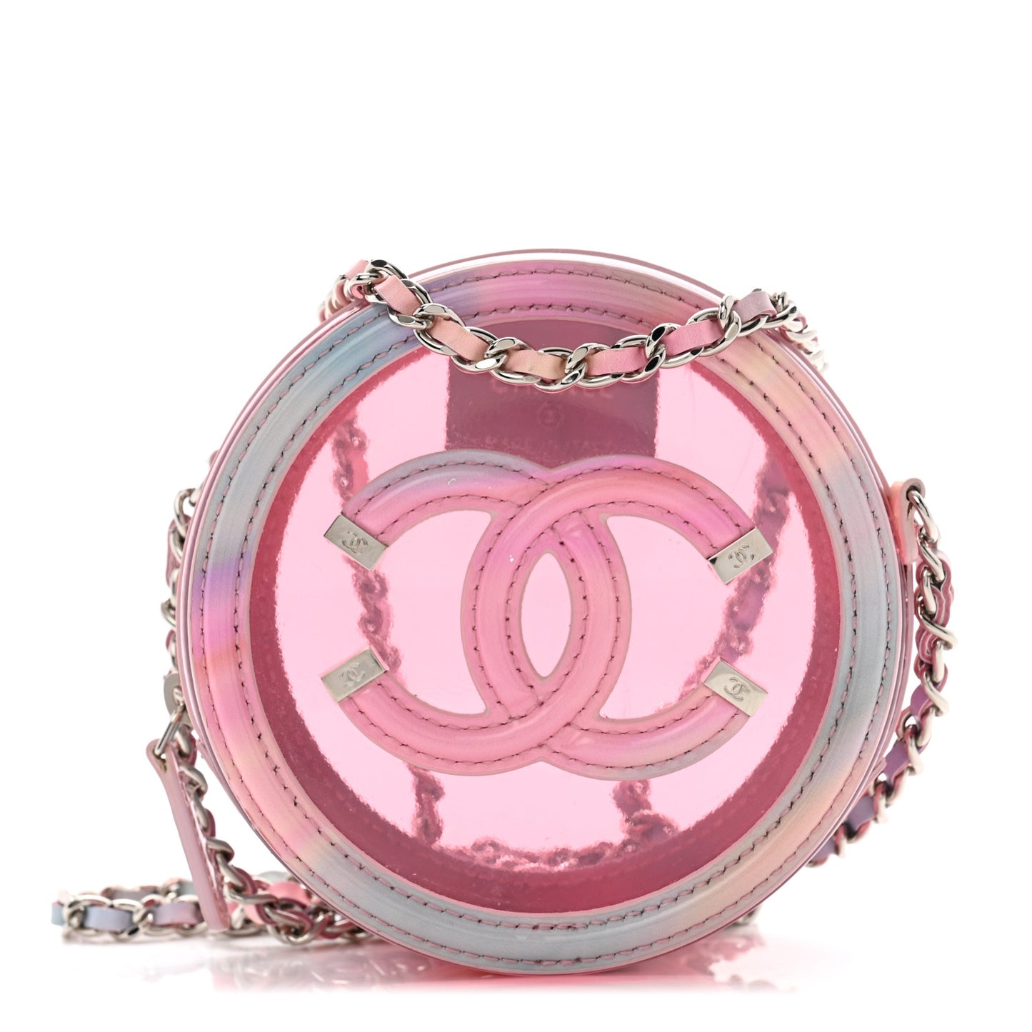 PVC Lambskin Filigree Round Clutch With Chain Pink