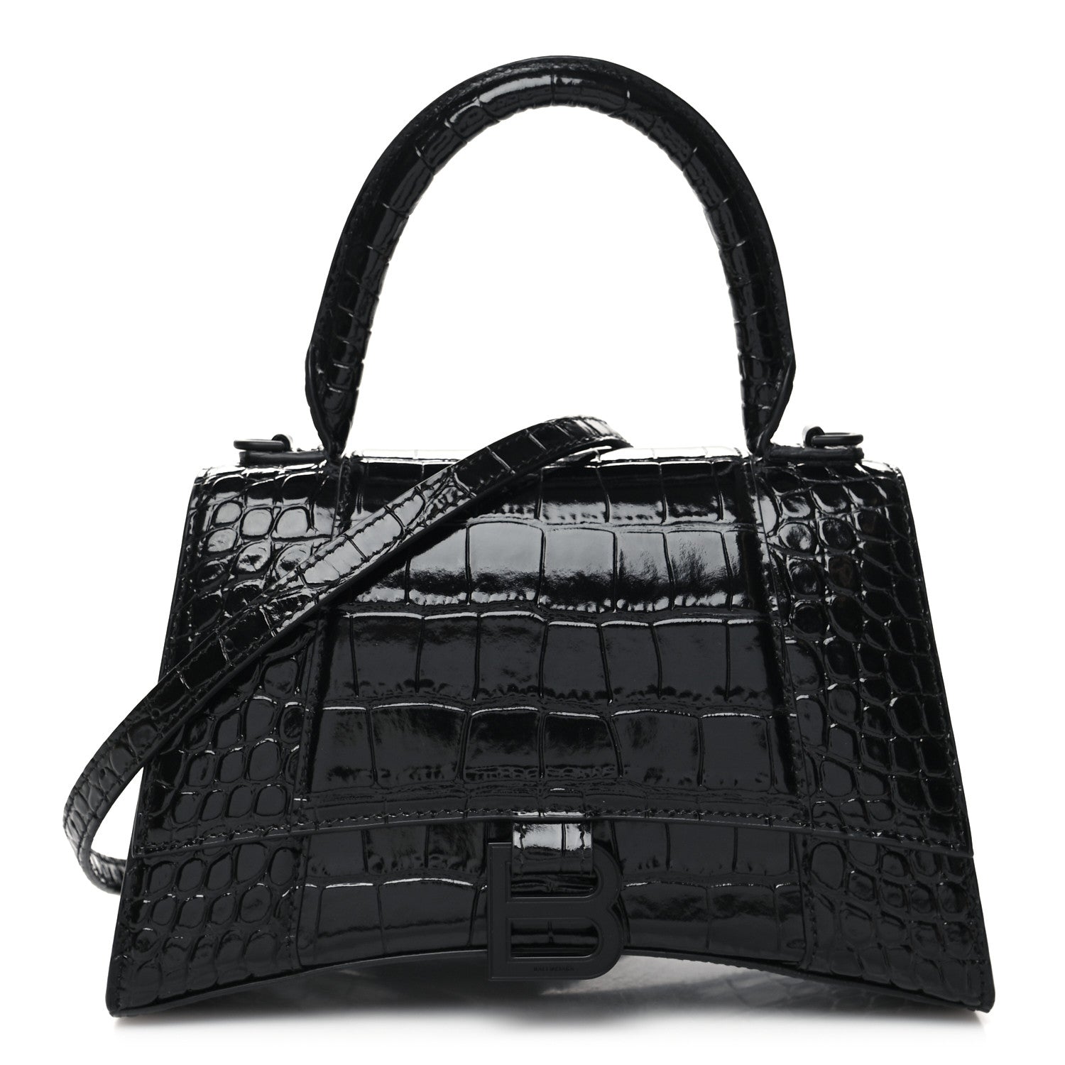 Balenciaga Shiny Calfskin Monochrome Crocodile Embossed Small Hourglass Top Handle Bag Black 1 of 10