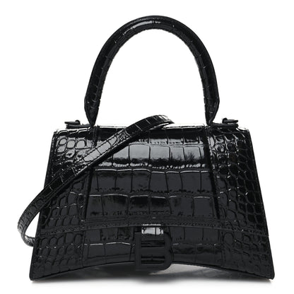Balenciaga Shiny Calfskin Monochrome Crocodile Embossed Small Hourglass Top Handle Bag Black 1 of 10