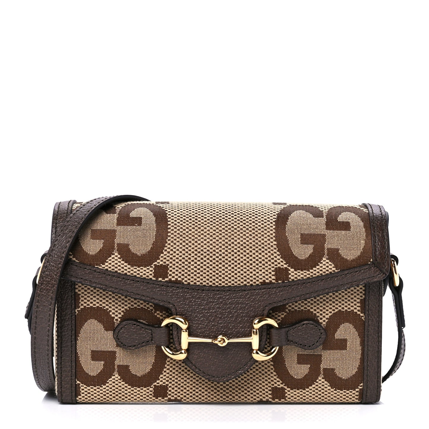 Monogram Jumbo GG Textured Dollar Calfskin Mini Horsebit 1955 Shoulder Bag Camel Ebony New Acero