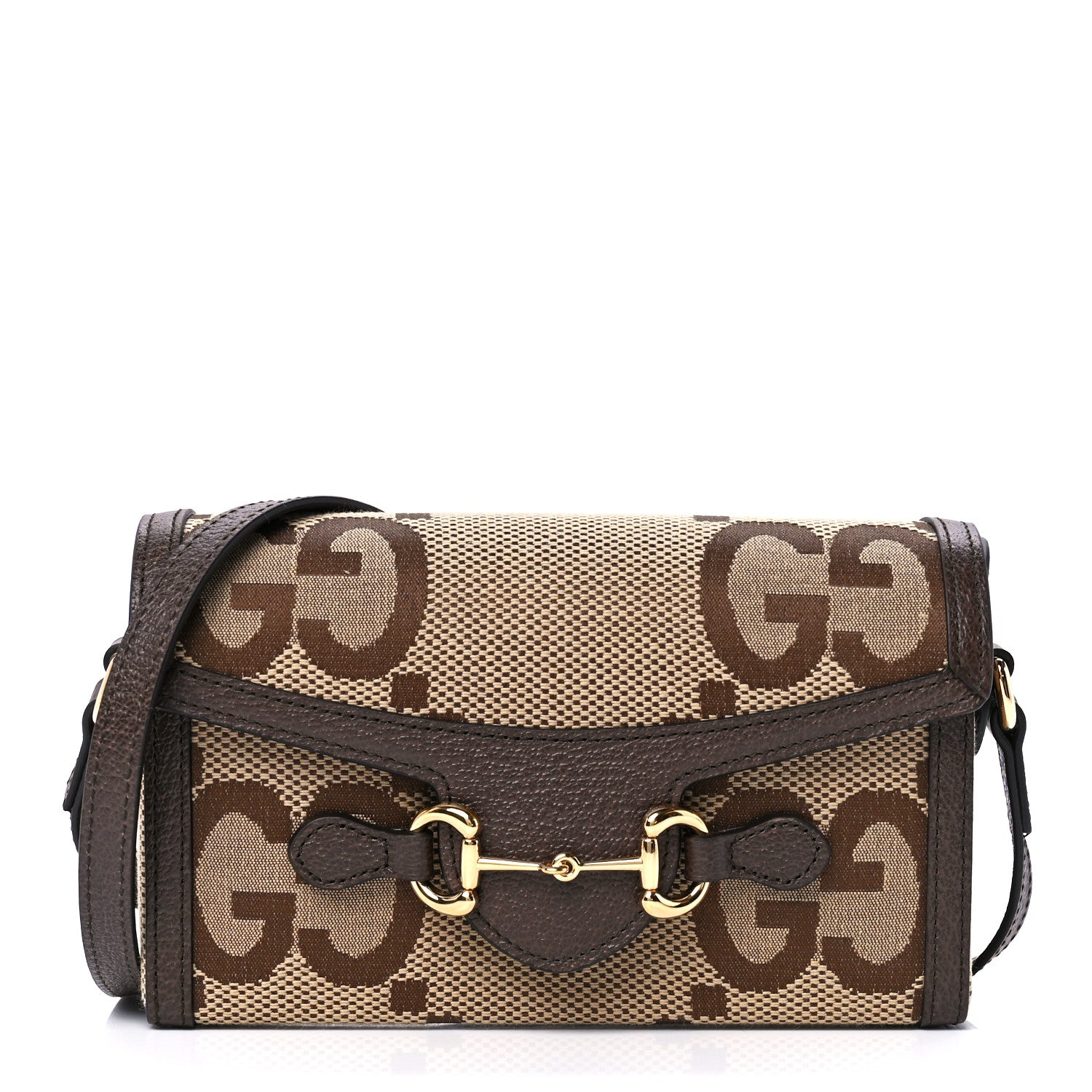 Gucci Monogram Jumbo GG Textured Dollar Calfskin Mini Horsebit 1955 Shoulder Bag Camel Ebony New Acero 1 of 12