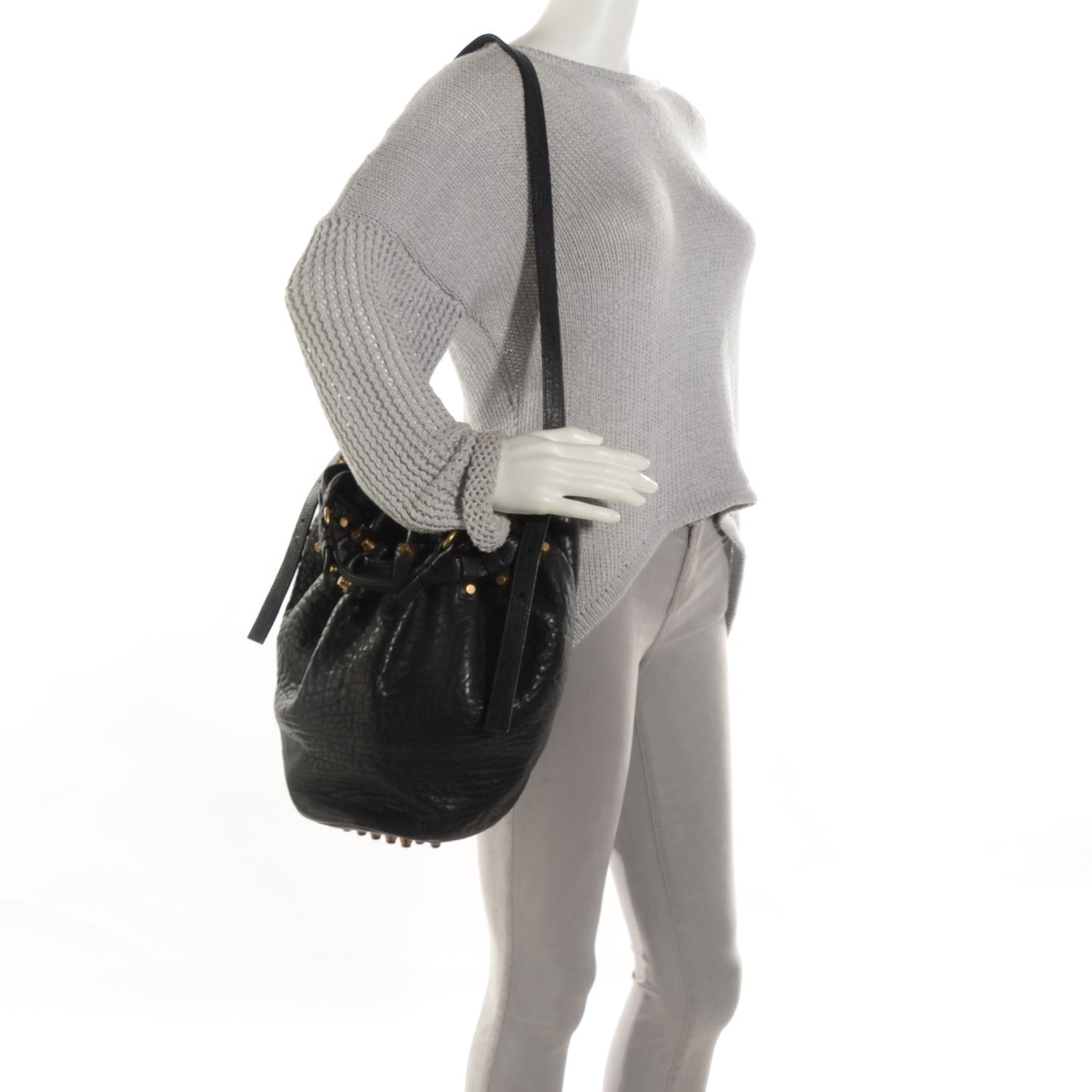 Pebbled Lambskin Diego Bucket Bag Black Antique Brass Hardware