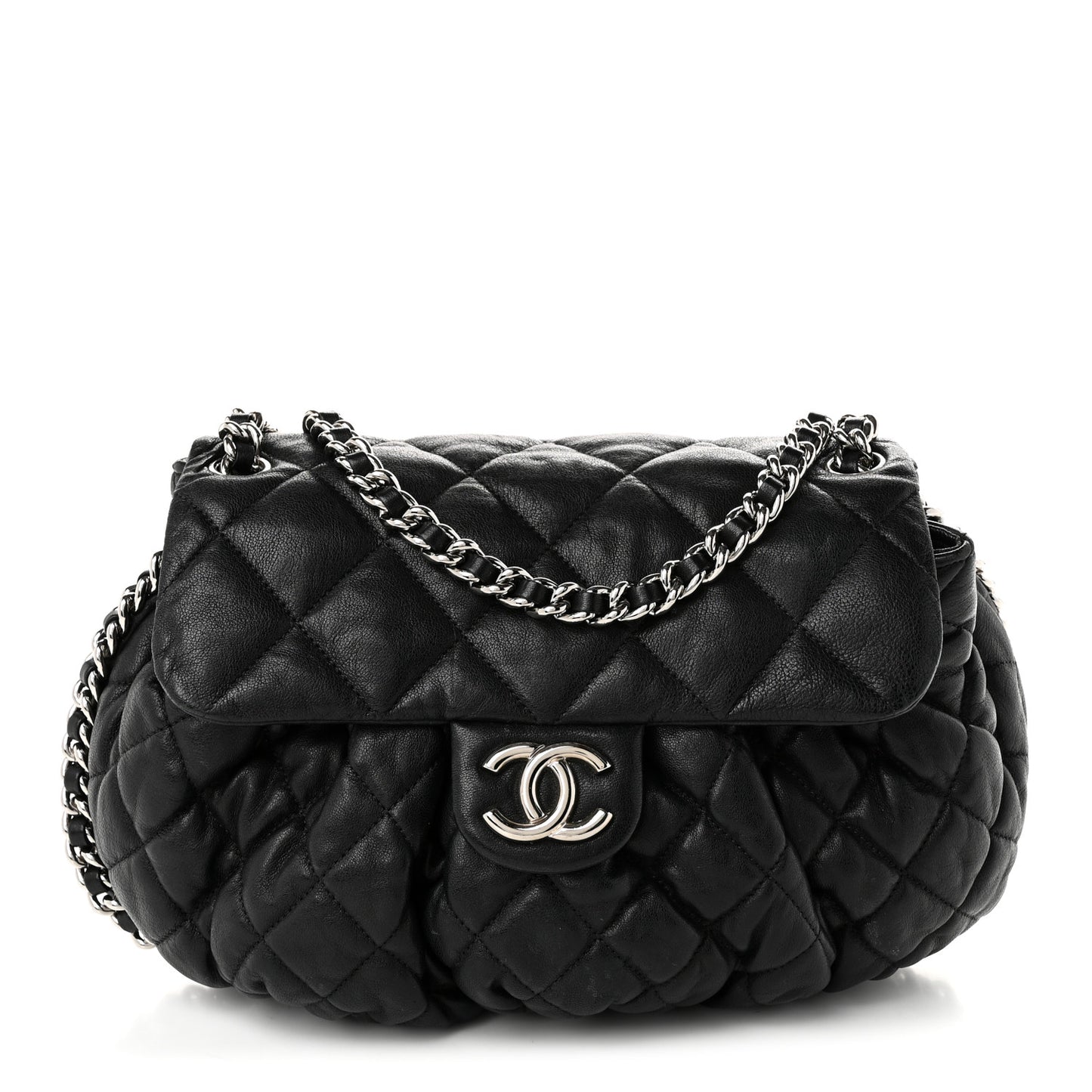 Washed Lambskin Quilted Large Chain Around Flap Black