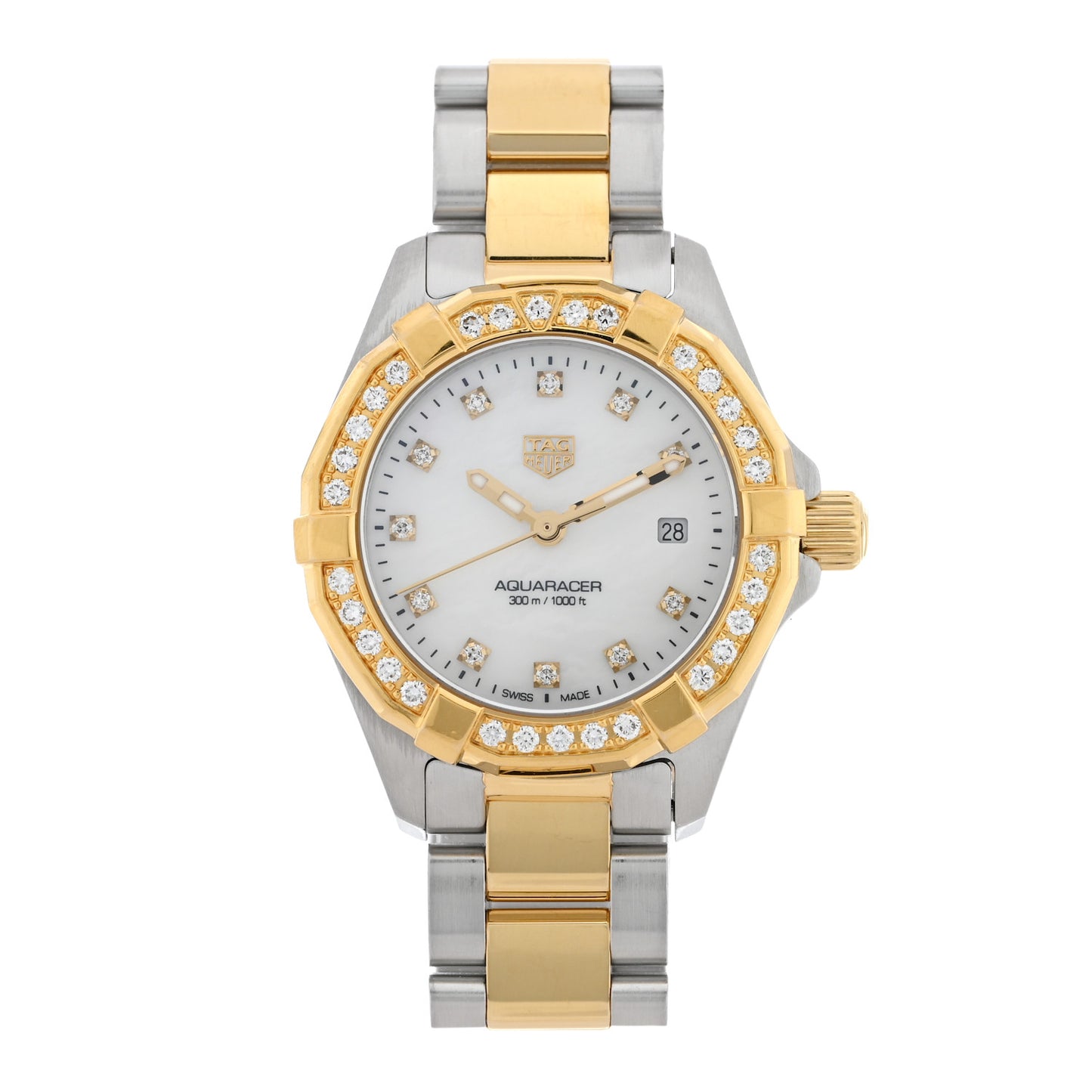 Stainless Steel 18K Yellow Gold Diamond Bezel Mother of Pearl 27mm Aquaracer Lady Quartz Watch WBD1423