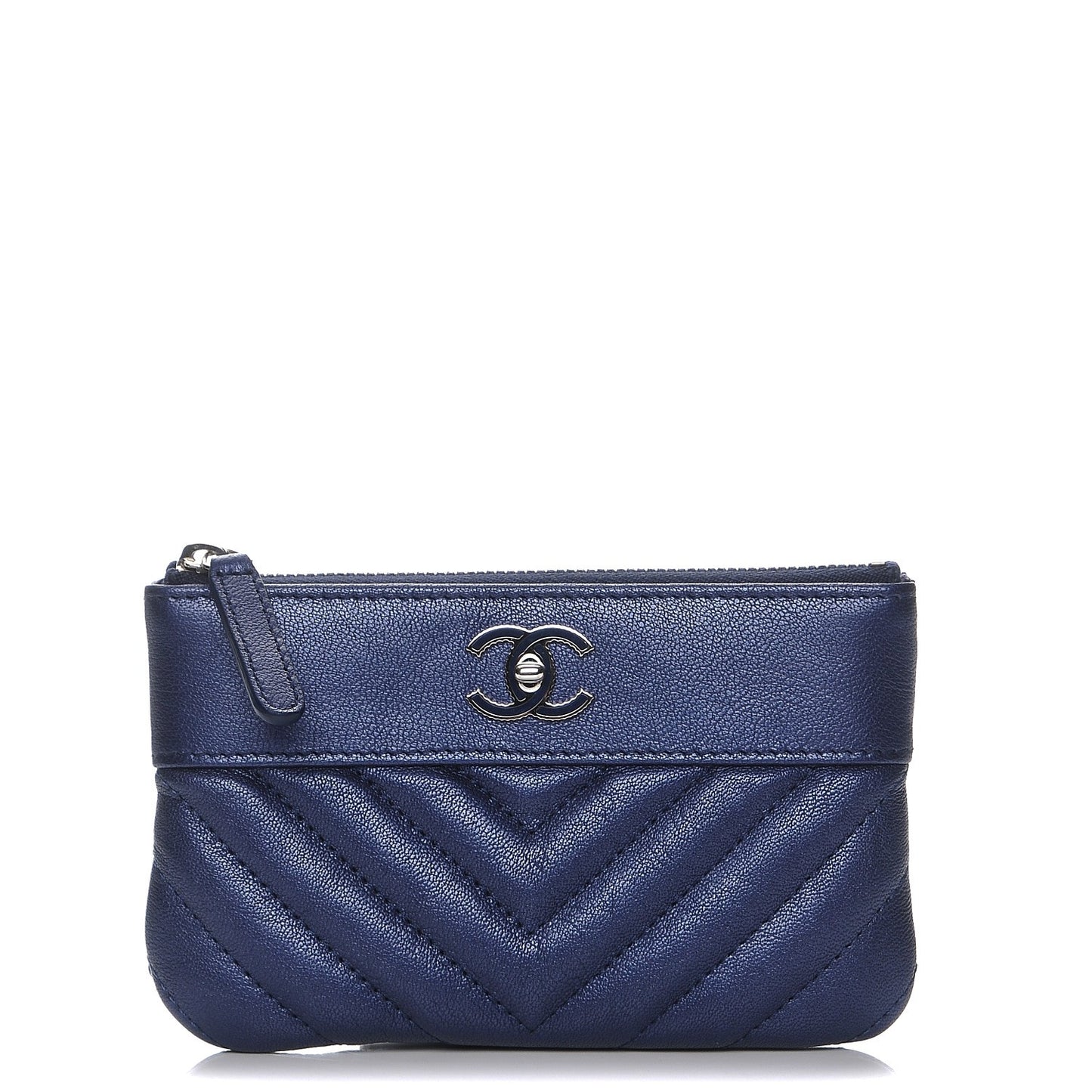 Metallic Sheepskin Chevron Quilted Small Vintage Mademoiselle Cosmetic Case Navy