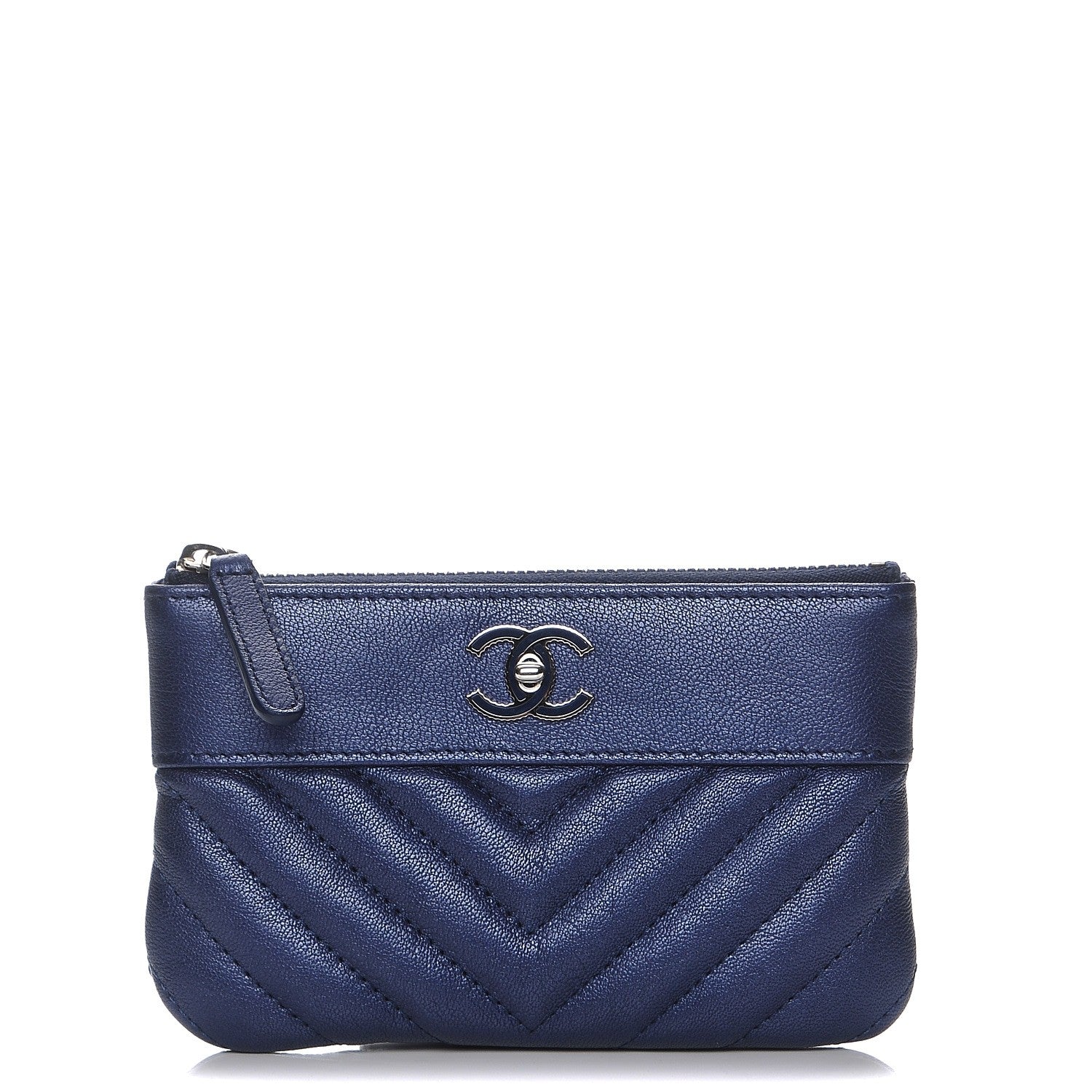 Chanel Metallic Sheepskin Chevron Quilted Small Vintage Mademoiselle Cosmetic Case Navy 1 of 8