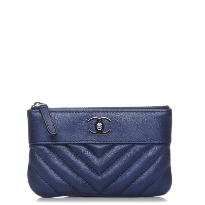 Chanel Metallic Sheepskin Chevron Quilted Small Vintage Mademoiselle Cosmetic Case Navy 1 of 8