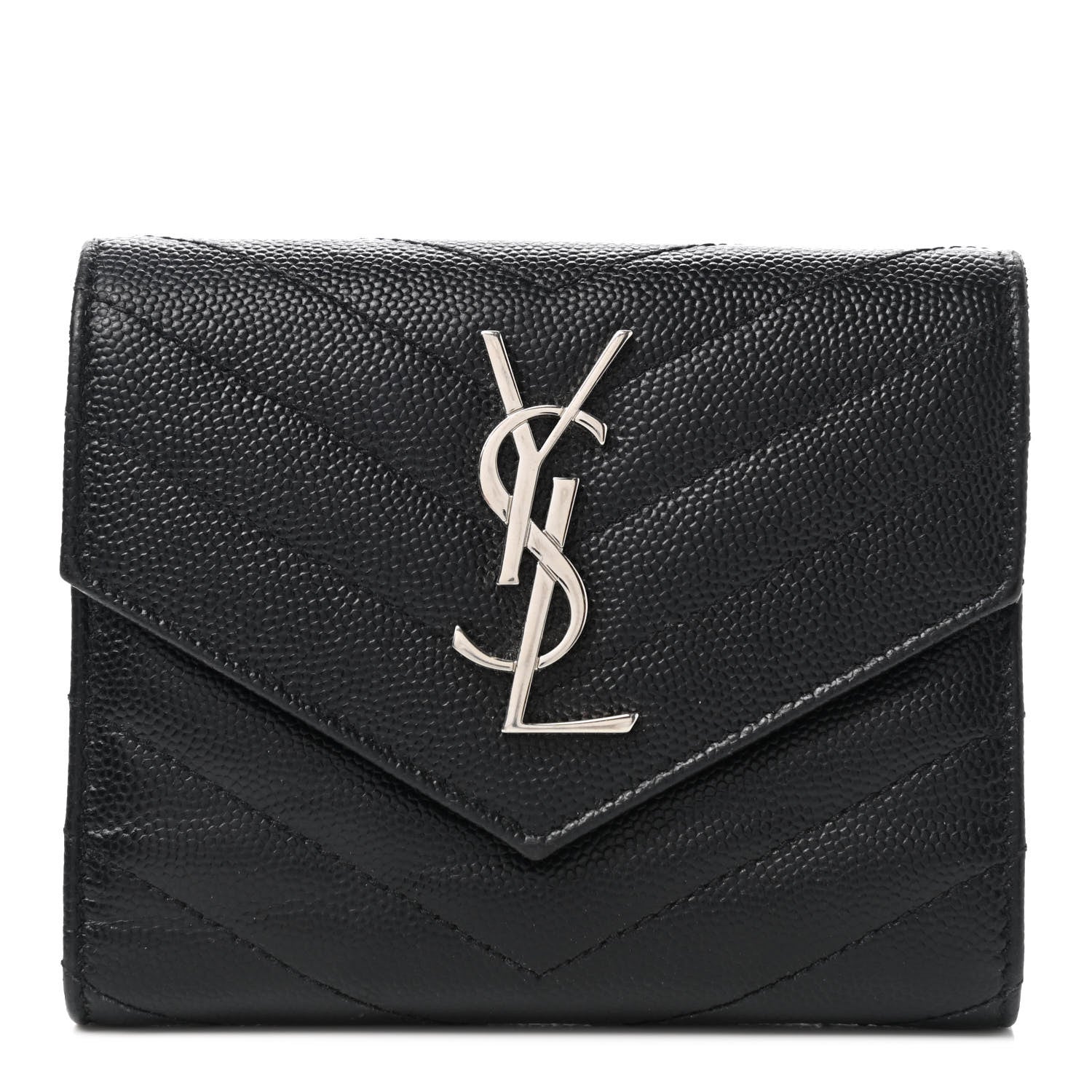 Saint Laurent Grain De Poudre Matelasse Chevron Monogram Compact Tri Fold Wallet Black 1 of 6