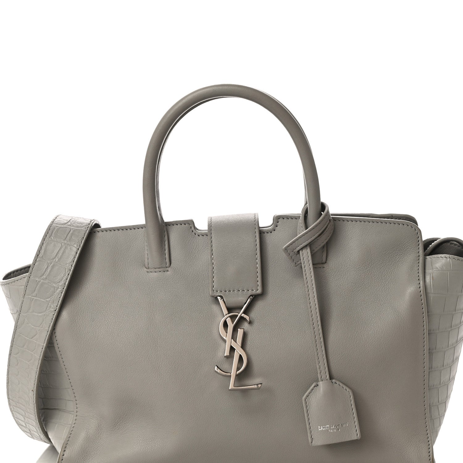 Saint Laurent Smooth Calfskin Crocodile Embossed Baby Monogram Downtown Cabas Gris Perle 8 of 12