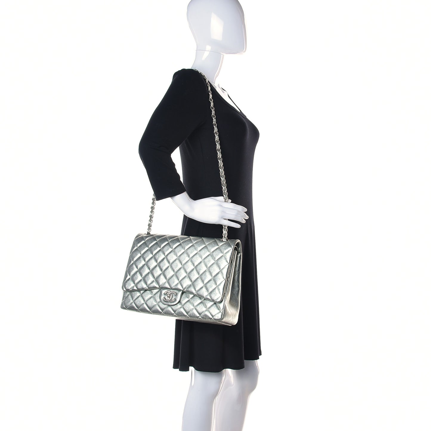 Metallic Lambskin Quilted Maxi Double Flap Green