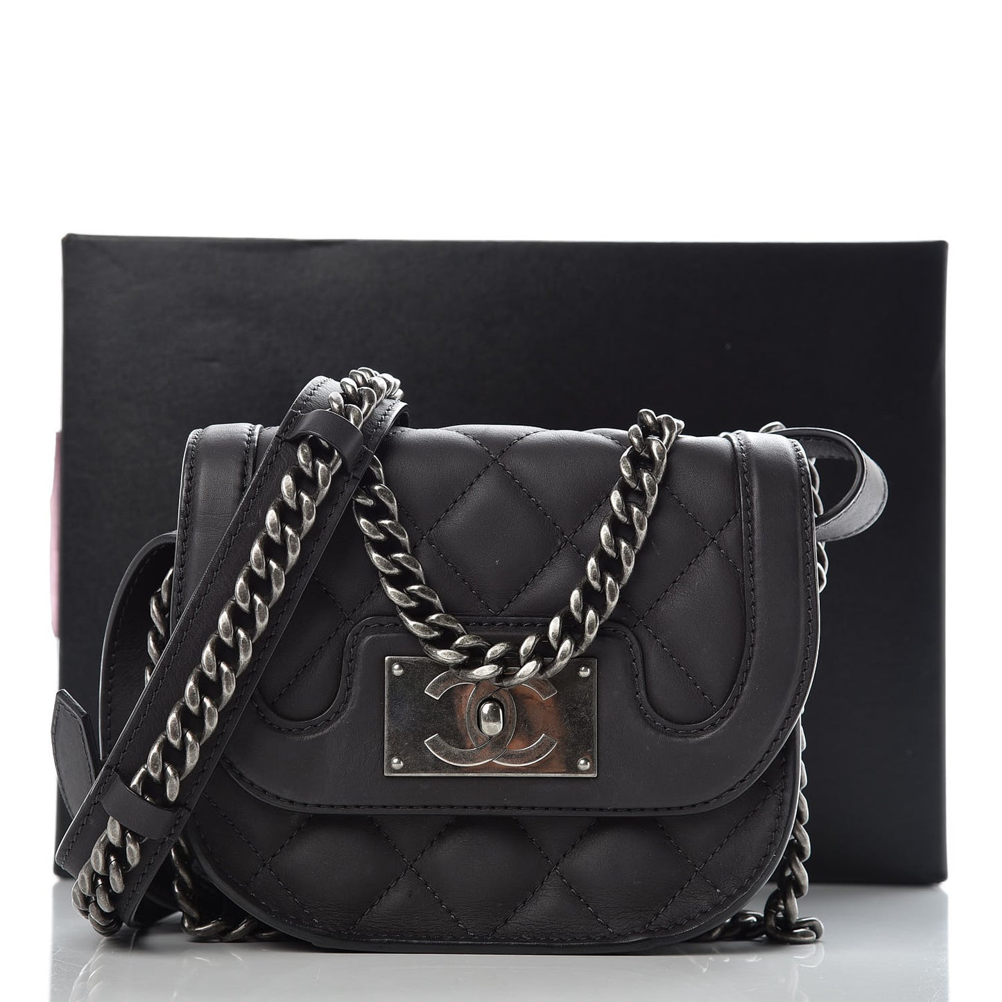 Calfskin Quilted Small Double Chained Messenger Flap Charcoal