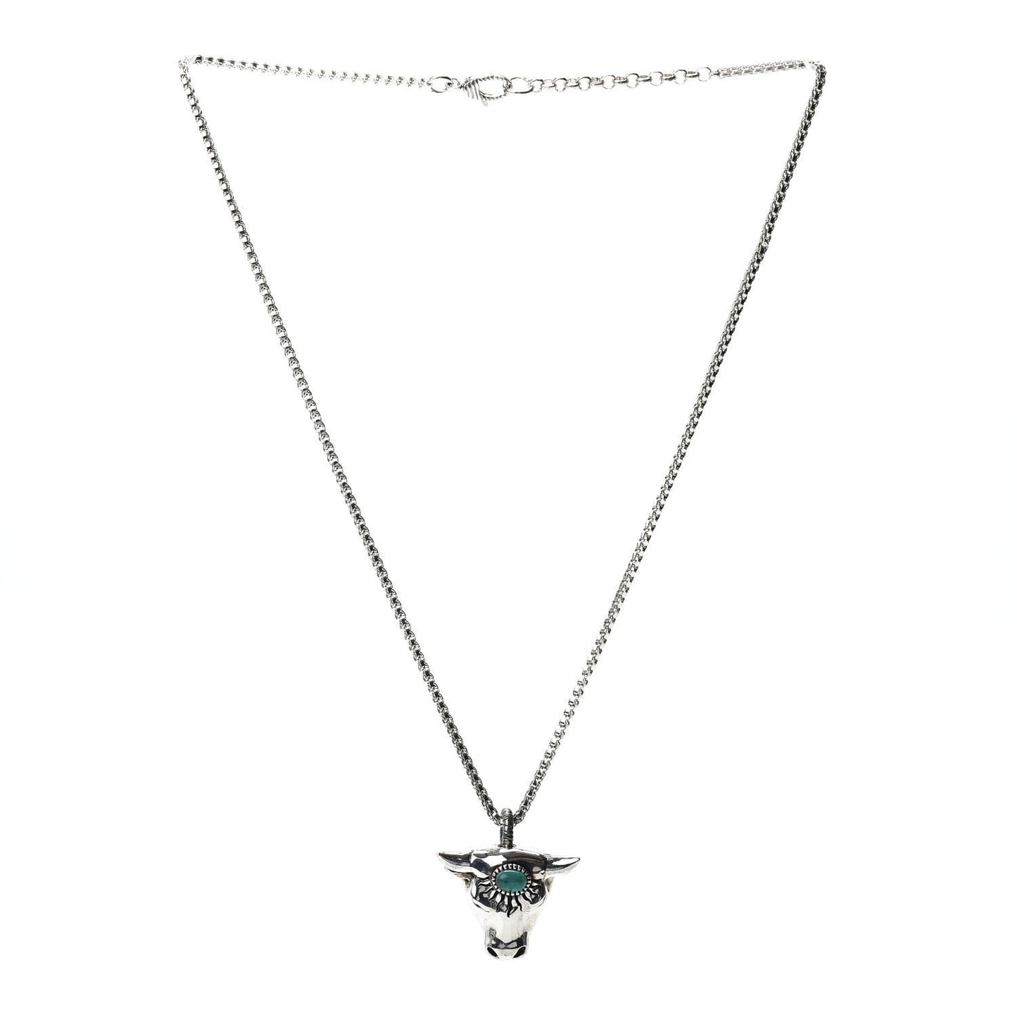 Sterling Silver Glass Anger Forest Bull Head Necklace Green