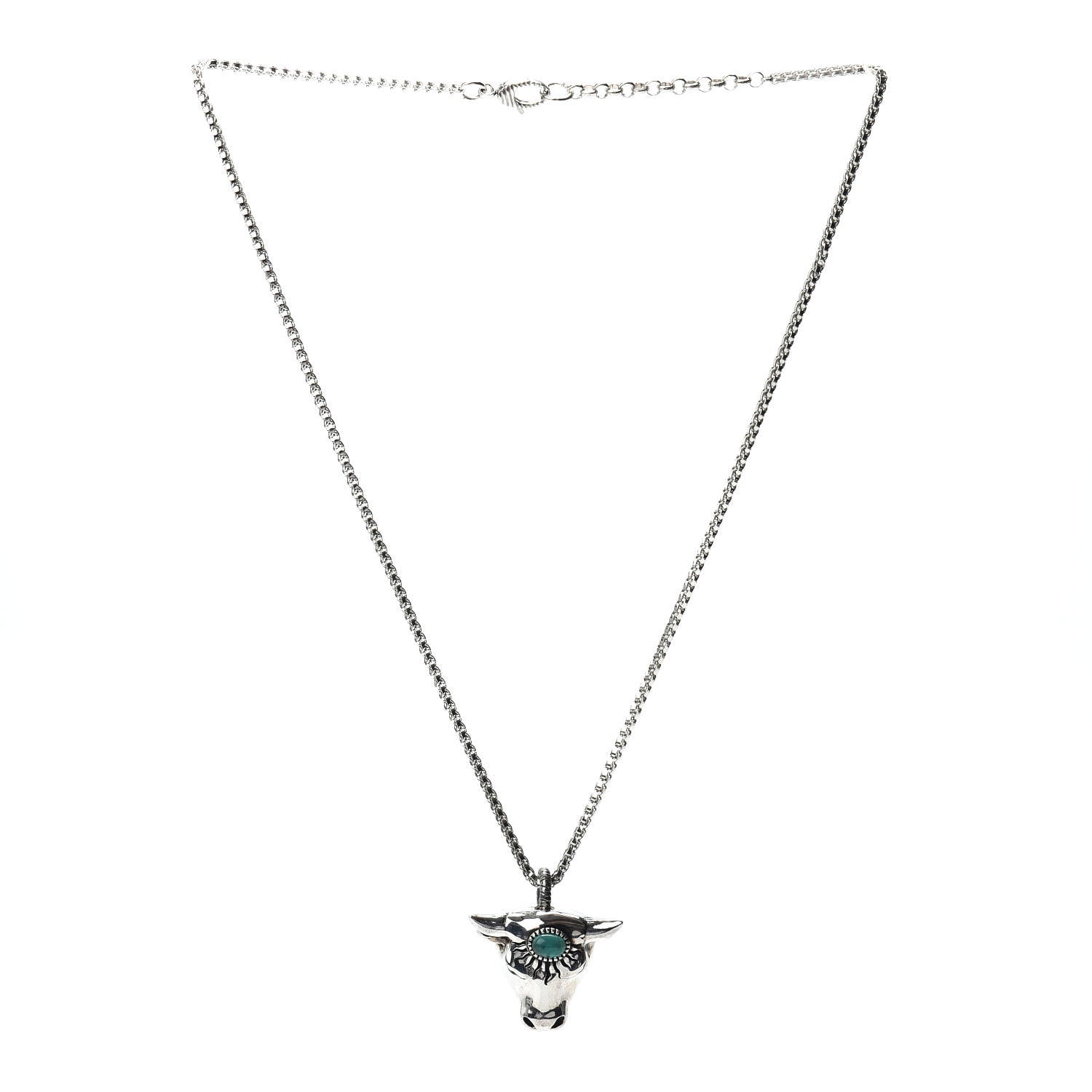 Gucci Sterling Silver Glass Anger Forest Bull Head Necklace Green 3 of 4