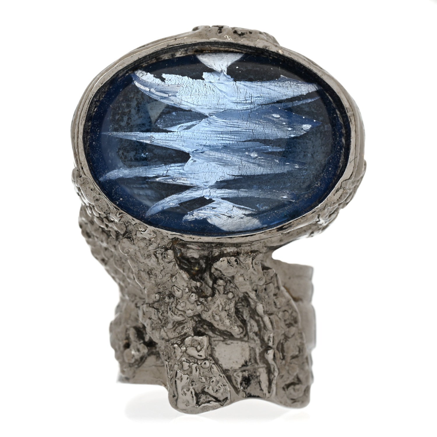 Saint Laurent Glass Cabochon Arty Ovale Ring 52 6 Silver Oceano 1 of 5