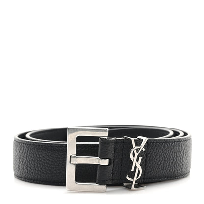 Saint Laurent Grained Calfskin Monogram Cassandre Square Buckle Belt 80 32 Black 1 of 5