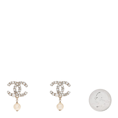 Chanel Crystal Pearl CC Drop Earrings Gold Pearly White 2 of 5