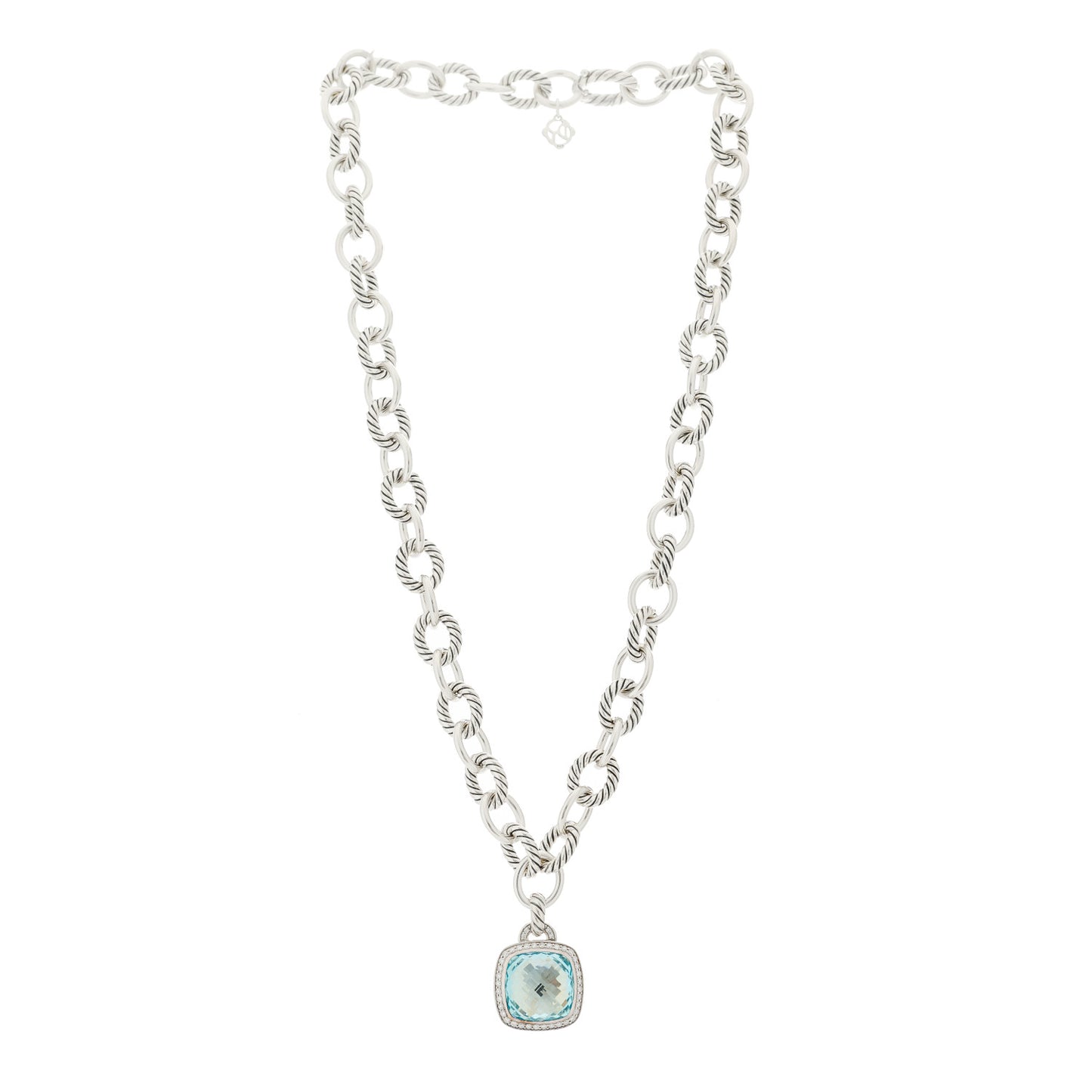 Sterling Silver Blue Topaz Diamond 14mm Albion Pendant Cable Necklace